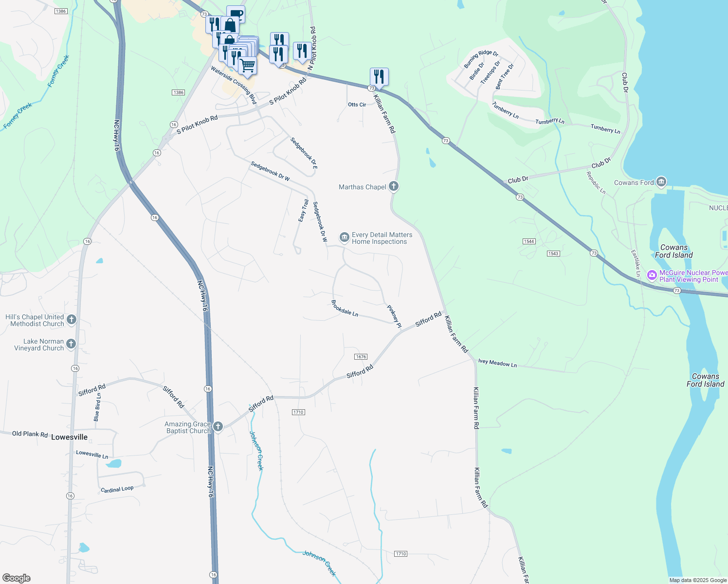 map of restaurants, bars, coffee shops, grocery stores, and more near 7514 Common Oak Dr in Stanley