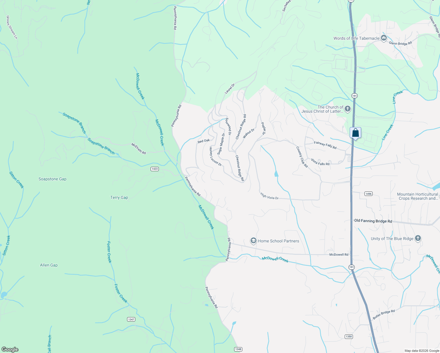 map of restaurants, bars, coffee shops, grocery stores, and more near 58 Honey Locust Drive in Mills River
