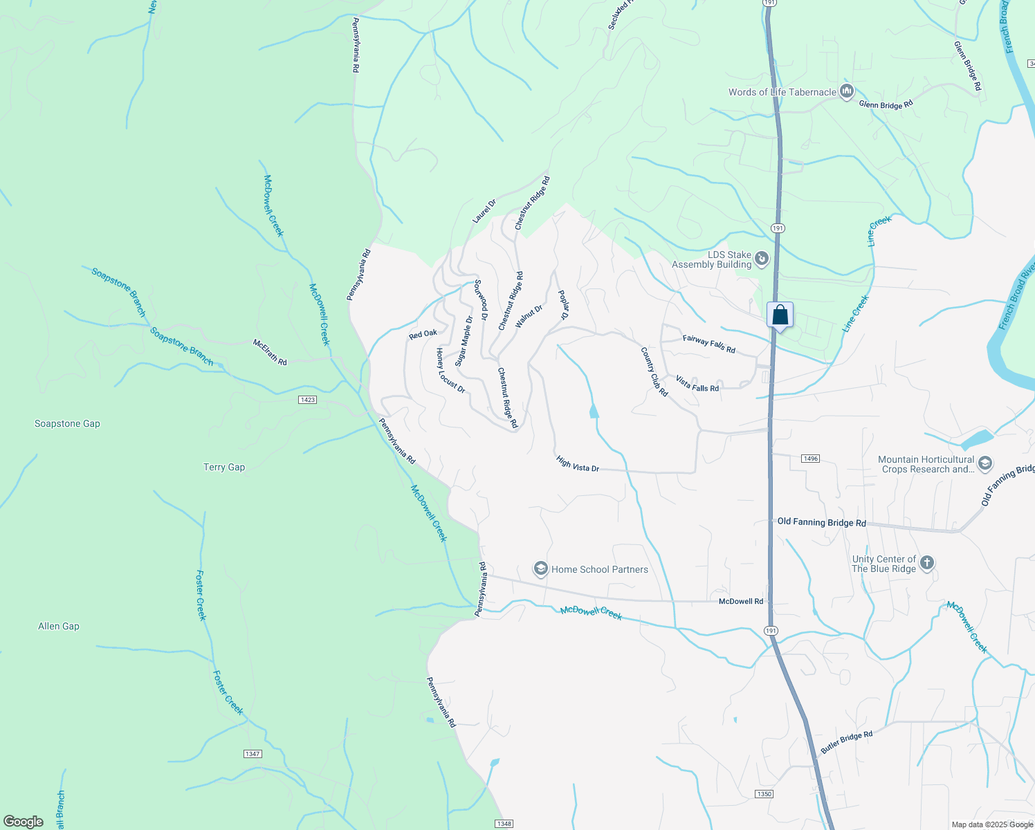 map of restaurants, bars, coffee shops, grocery stores, and more near 11 Chestnut Ridge Road in Mills River