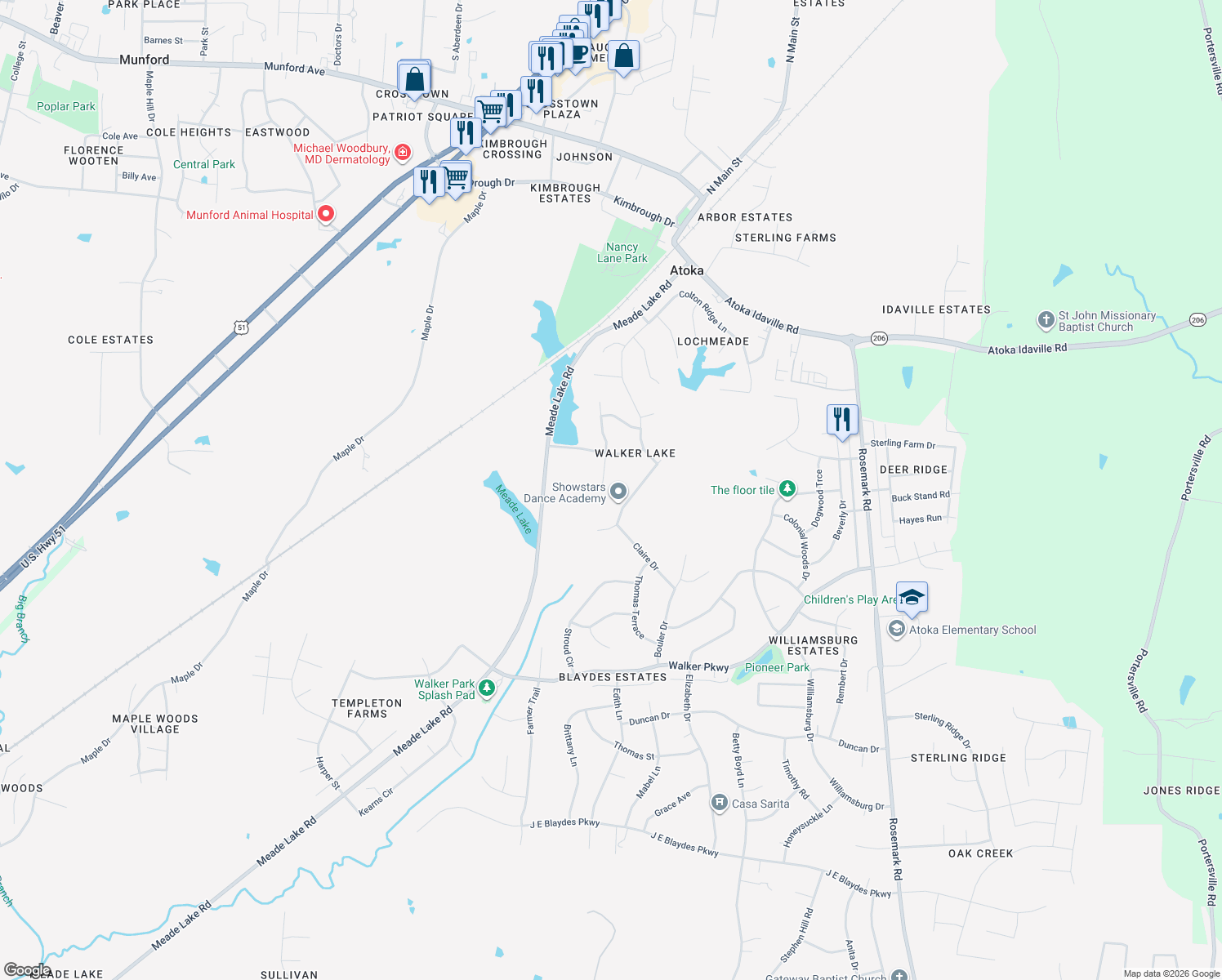 map of restaurants, bars, coffee shops, grocery stores, and more near 96 Clydesgate Cove in Atoka