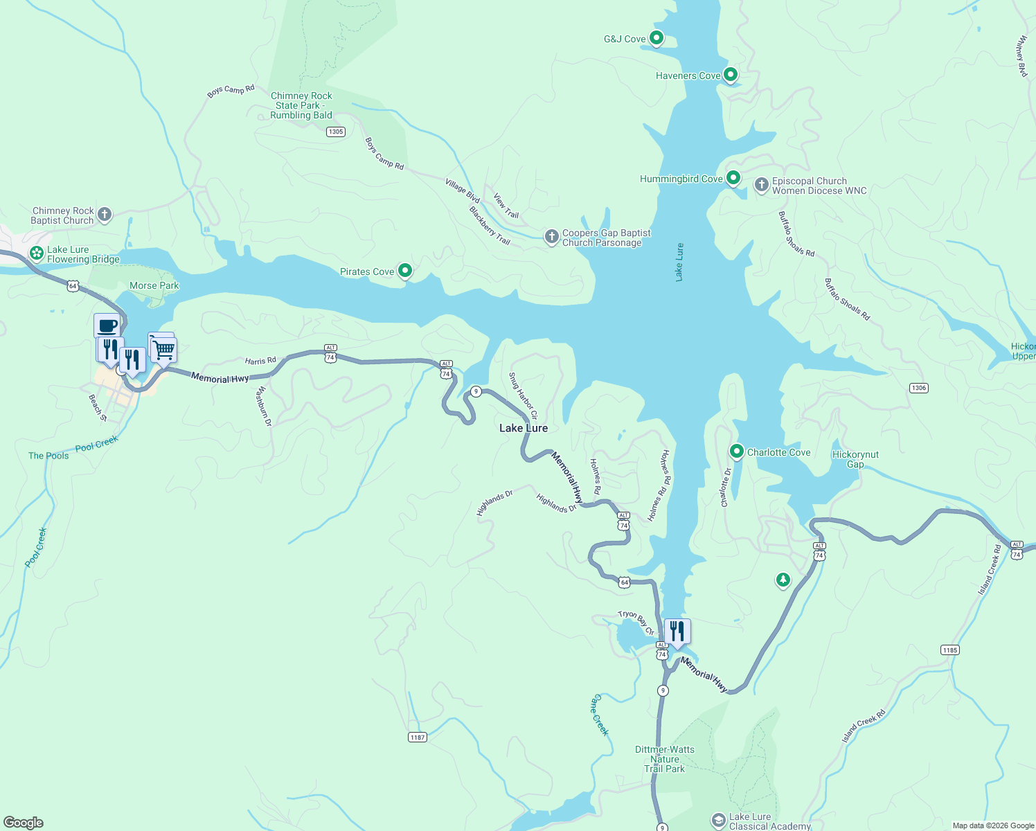 map of restaurants, bars, coffee shops, grocery stores, and more near in Lake Lure