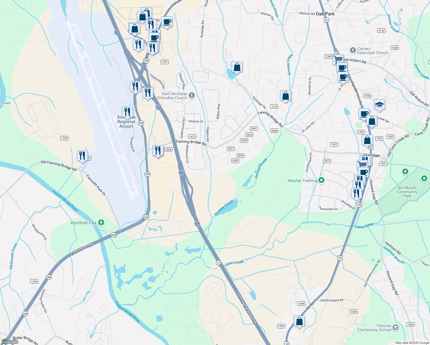 map of restaurants, bars, coffee shops, grocery stores, and more near 35 Oak Leaf Drive in Fletcher