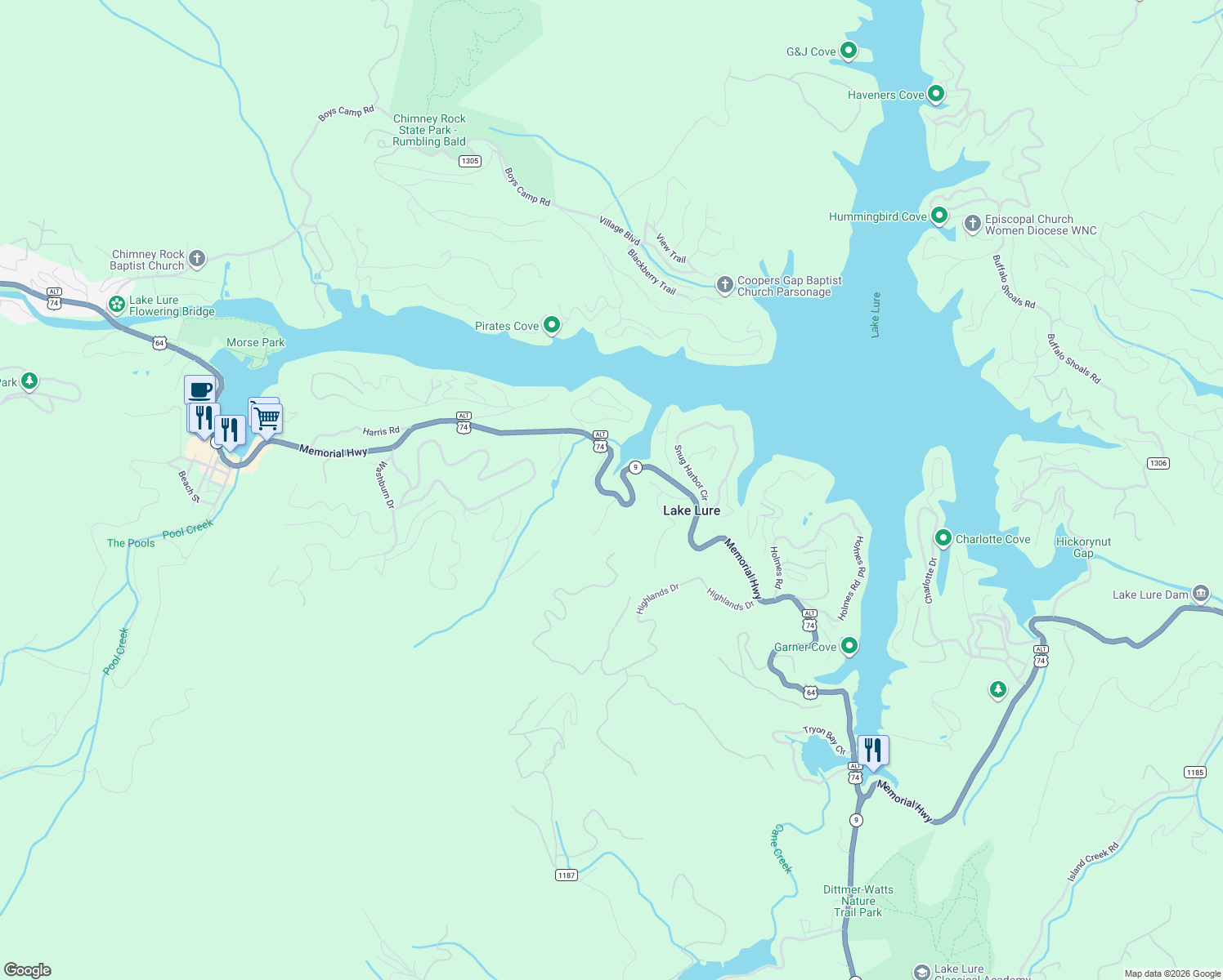 map of restaurants, bars, coffee shops, grocery stores, and more near 112 Gene Stratton Porter Road in Lake Lure