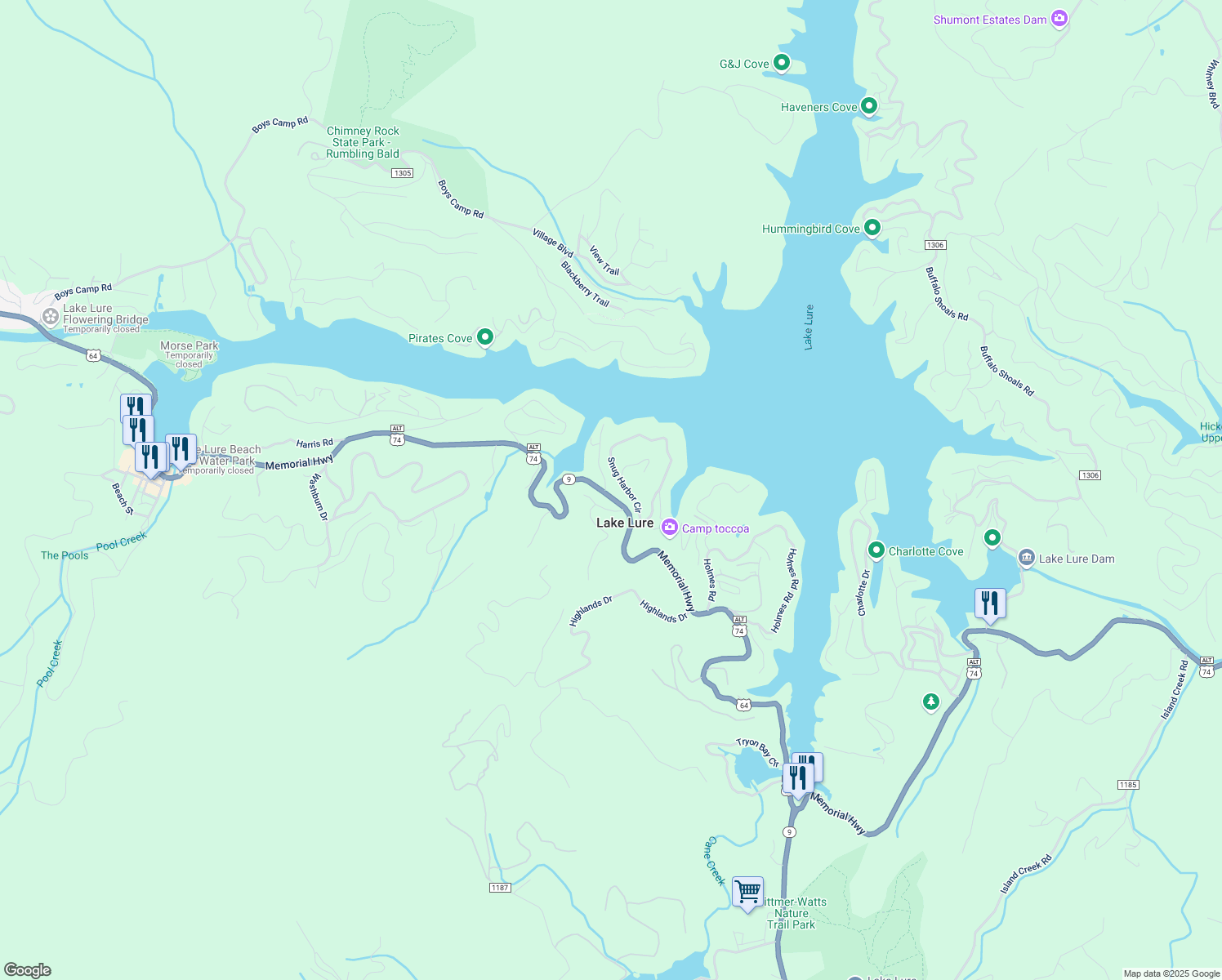 map of restaurants, bars, coffee shops, grocery stores, and more near 127 Fisher Court in Lake Lure