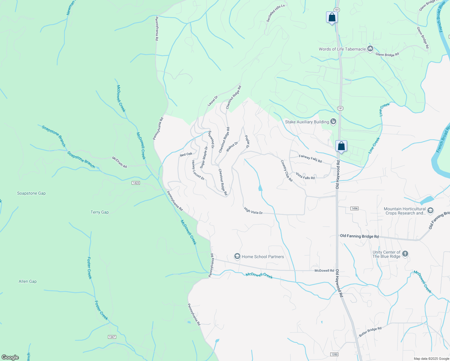 map of restaurants, bars, coffee shops, grocery stores, and more near 15 Chestnut Ridge Road in Mills River