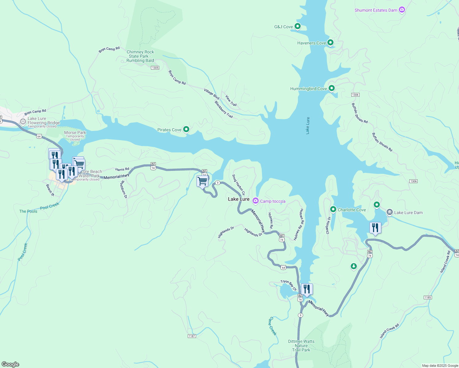 map of restaurants, bars, coffee shops, grocery stores, and more near 127 Fisher Court in Lake Lure