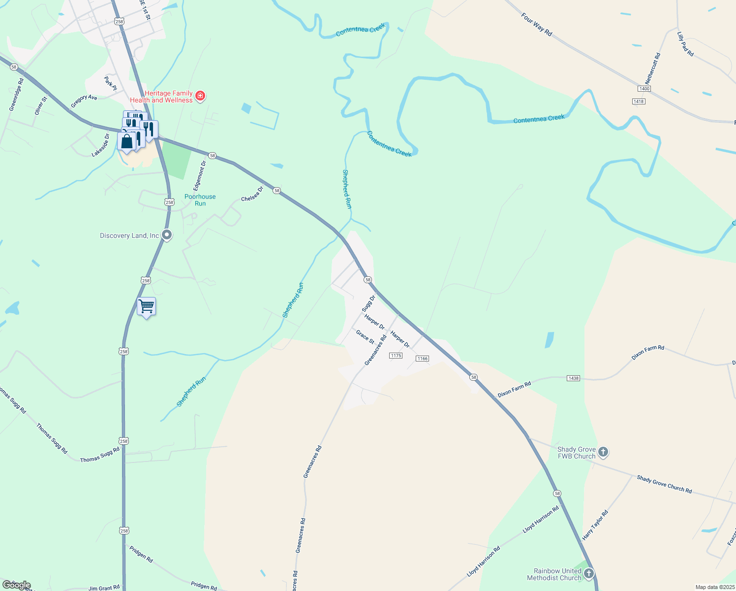 map of restaurants, bars, coffee shops, grocery stores, and more near 44 Sugg Drive in Snow Hill