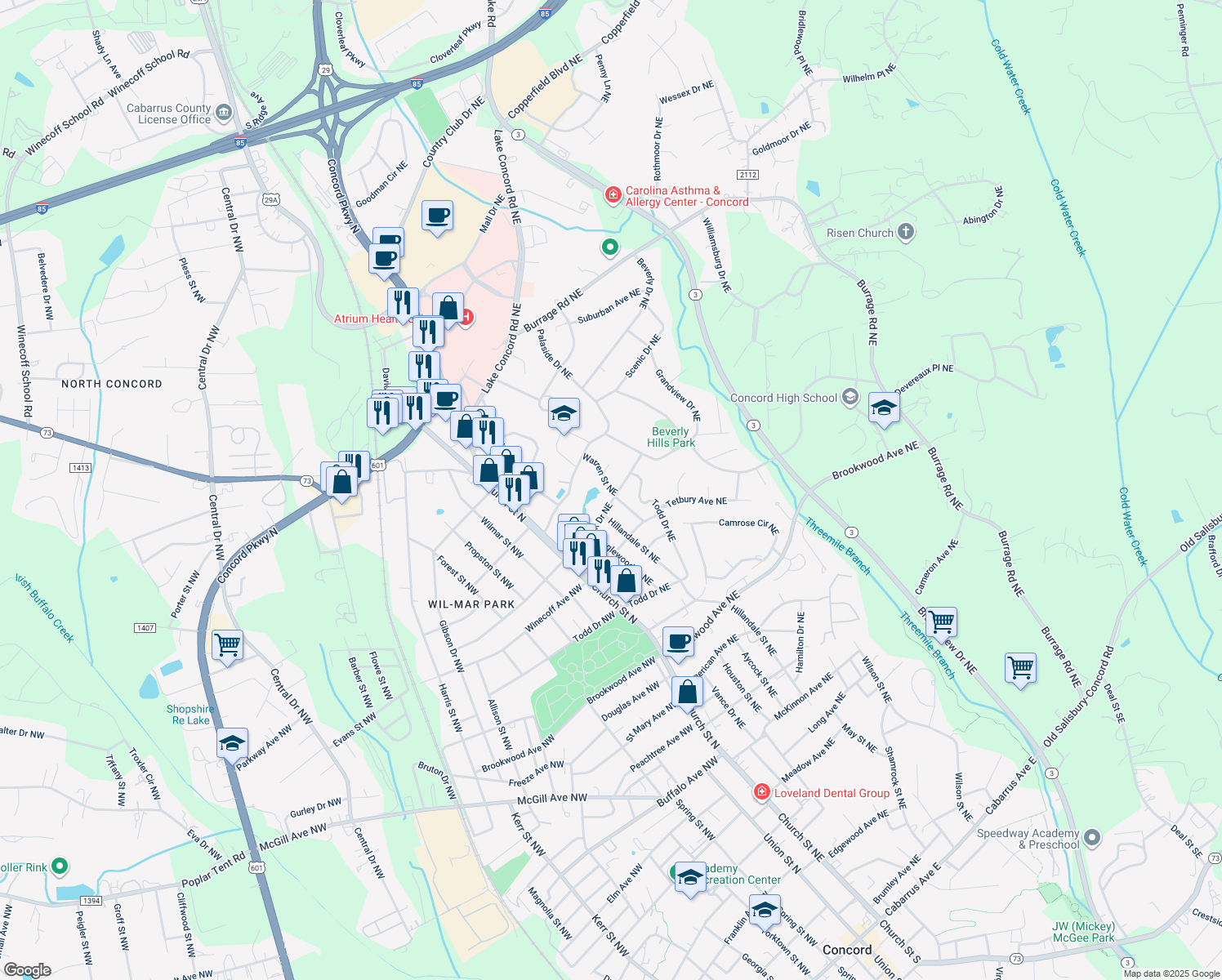 map of restaurants, bars, coffee shops, grocery stores, and more near 692 Warren Street Northeast in Concord