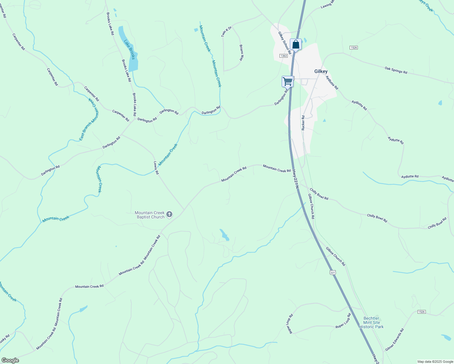 map of restaurants, bars, coffee shops, grocery stores, and more near 407 Mountain Creek Road in Rutherfordton