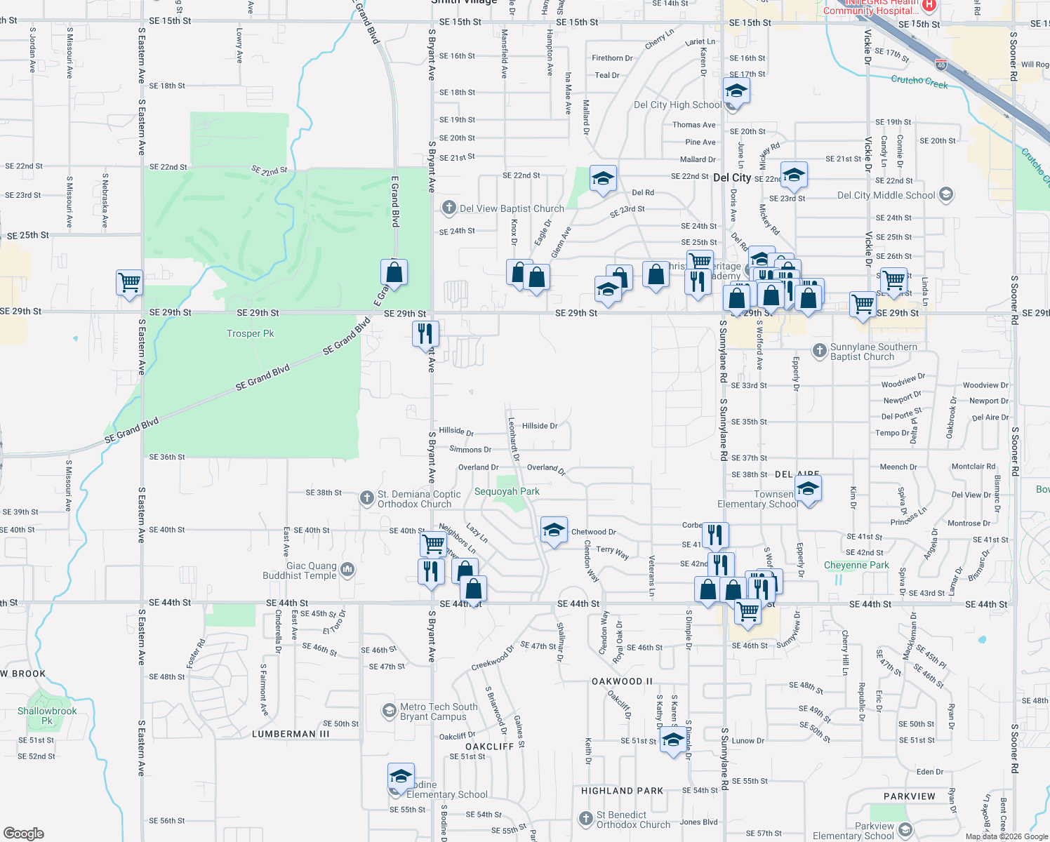 map of restaurants, bars, coffee shops, grocery stores, and more near 3413 Hillside Dr in Del City