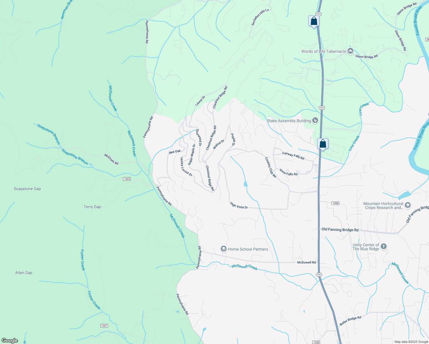 map of restaurants, bars, coffee shops, grocery stores, and more near 15 Chestnut Ridge Road in Mills River