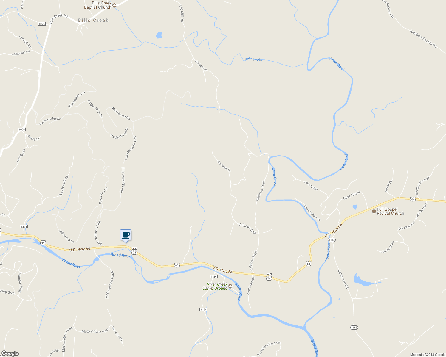 map of restaurants, bars, coffee shops, grocery stores, and more near 133 Old Brick Lane in Rutherfordton