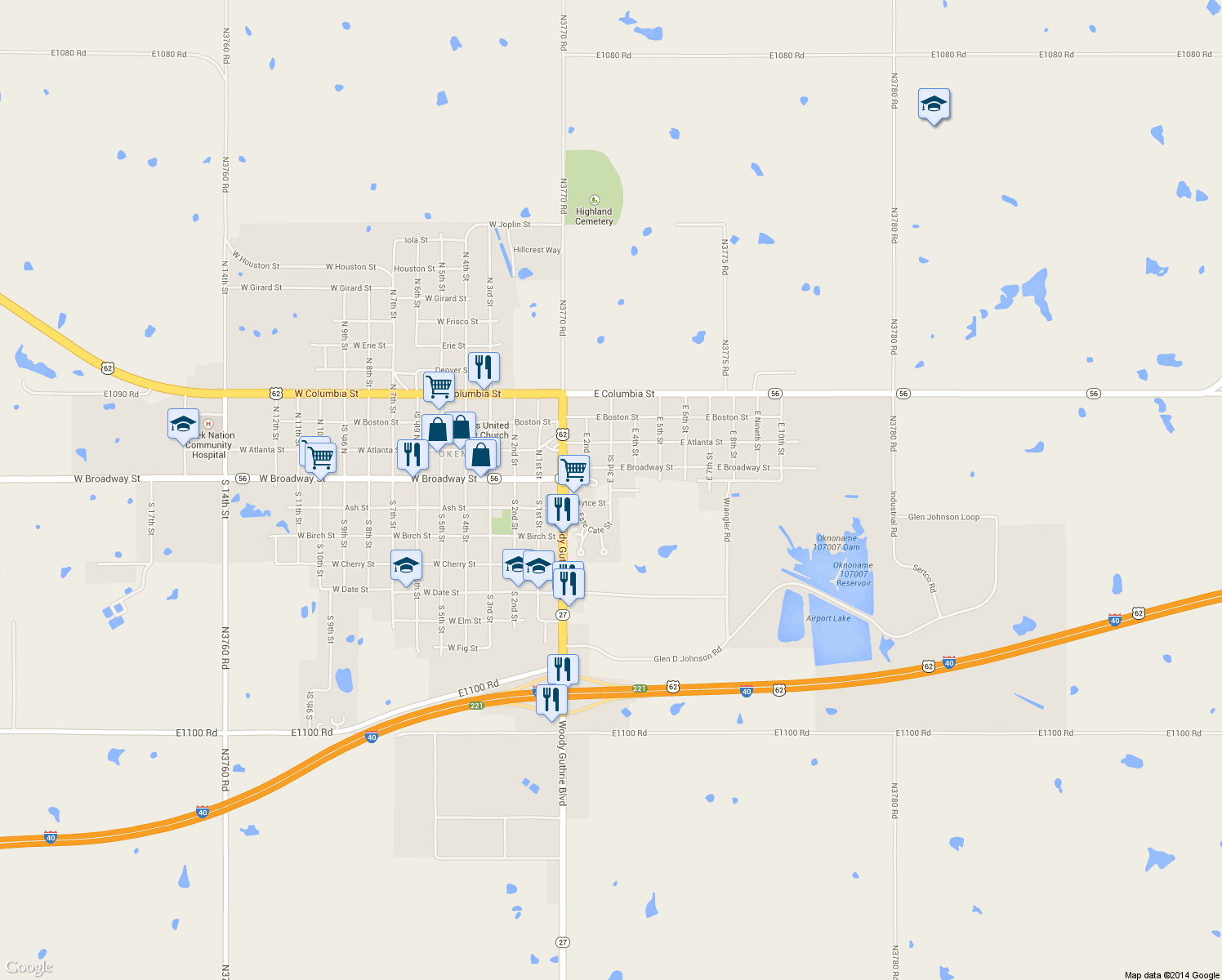 map of restaurants, bars, coffee shops, grocery stores, and more near 302 East Ashway Street in Okemah