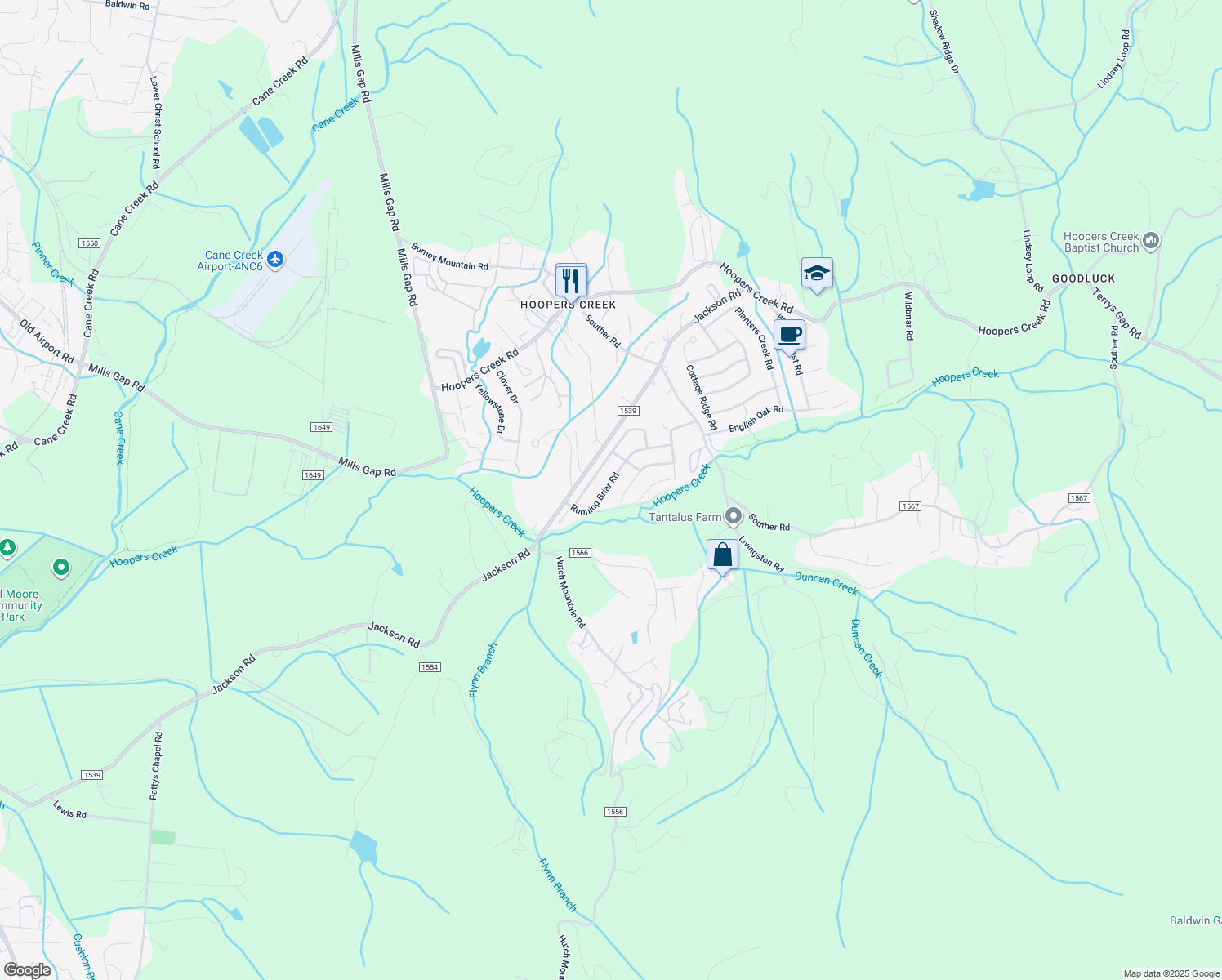 map of restaurants, bars, coffee shops, grocery stores, and more near 202 Running Briar Road in Fletcher
