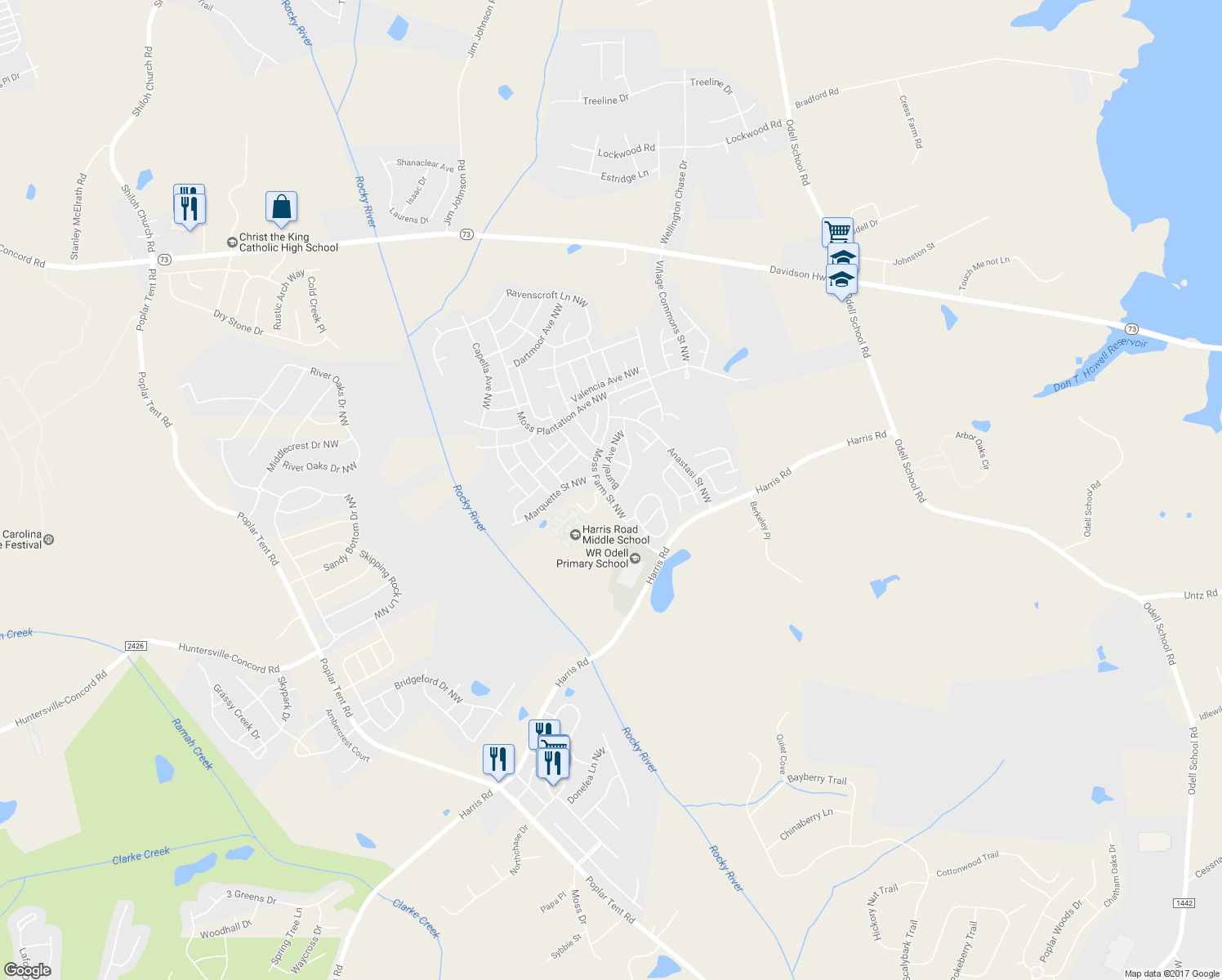 map of restaurants, bars, coffee shops, grocery stores, and more near 1506 Burrell Avenue Northwest in Concord