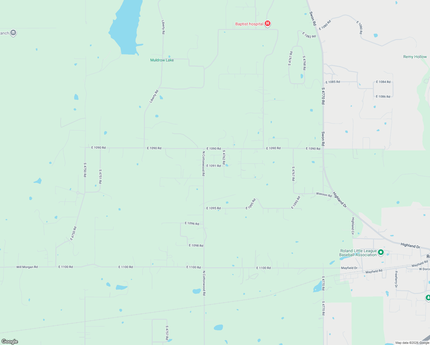 map of restaurants, bars, coffee shops, grocery stores, and more near 476120 East 1091 Road in Roland