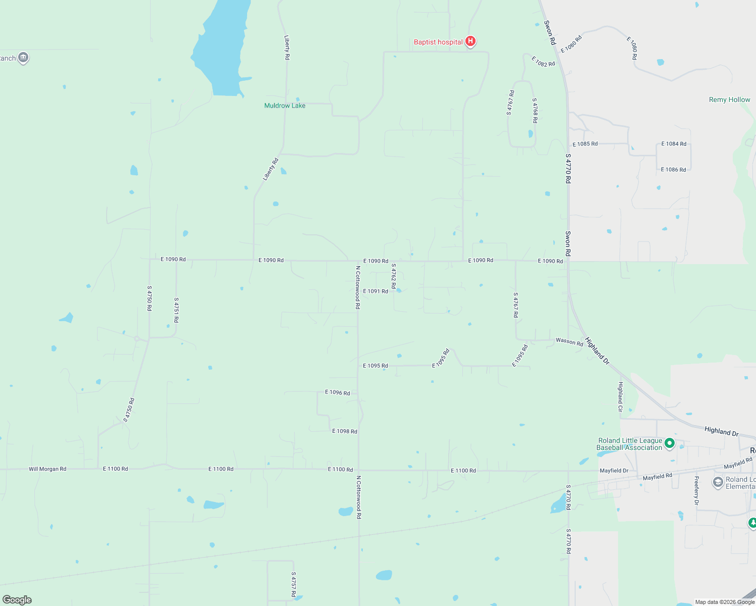 map of restaurants, bars, coffee shops, grocery stores, and more near 476120 East 1091 Road in Roland