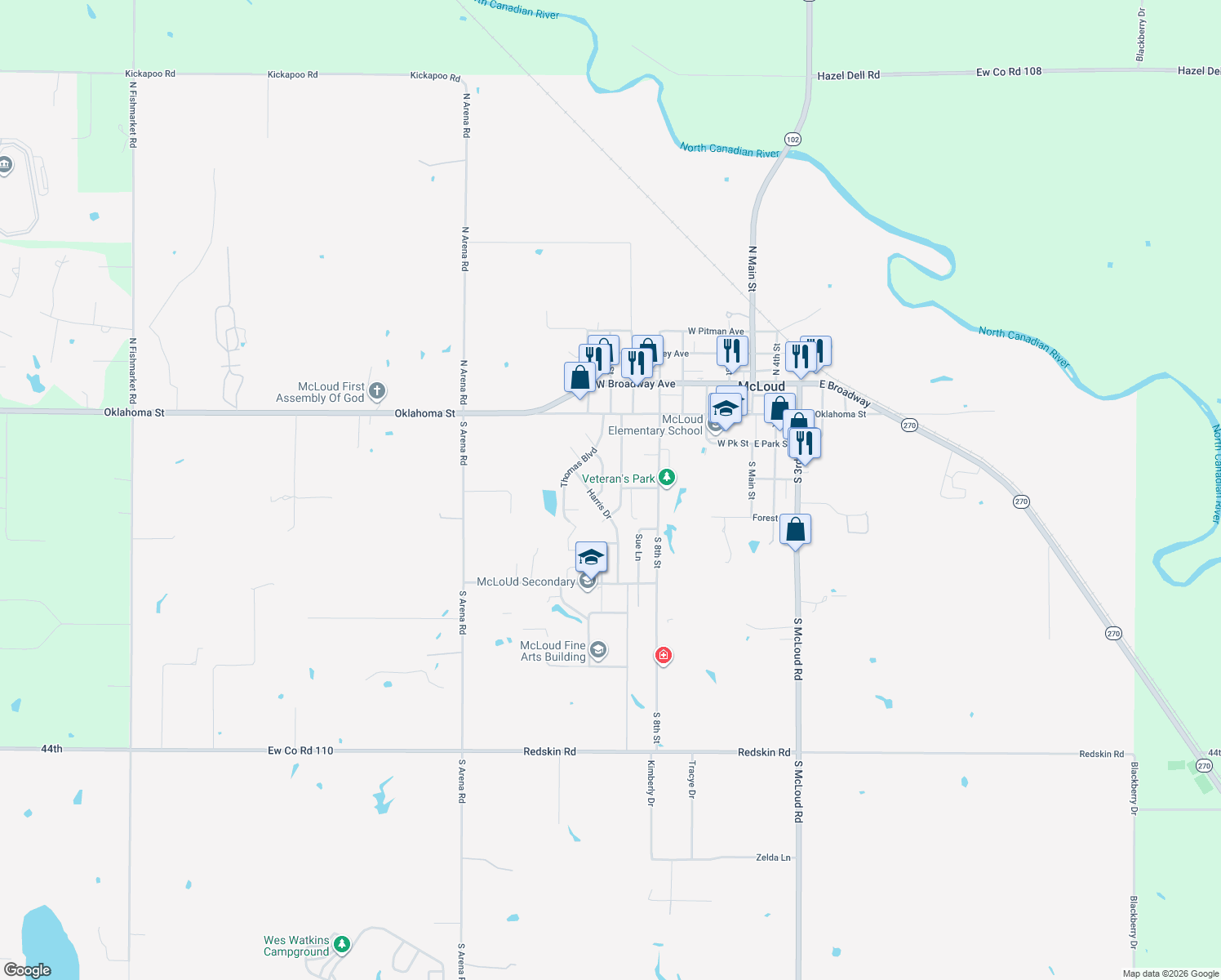map of restaurants, bars, coffee shops, grocery stores, and more near 422 Jarman Drive in McLoud