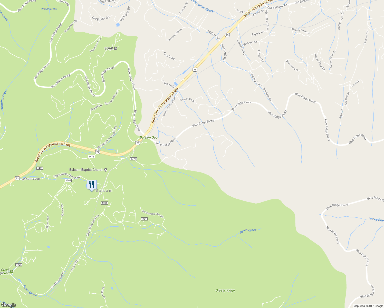 map of restaurants, bars, coffee shops, grocery stores, and more near 377 Woodstream Road in Waynesville