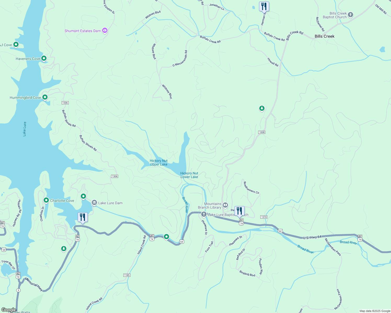 map of restaurants, bars, coffee shops, grocery stores, and more near 241 Rabbits Place in Lake Lure