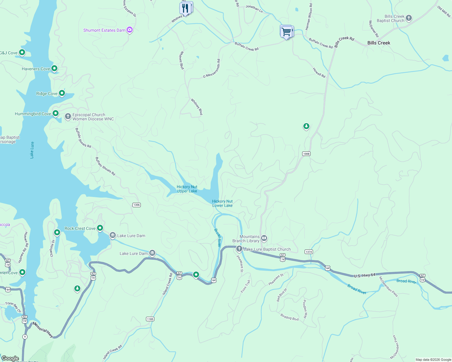 map of restaurants, bars, coffee shops, grocery stores, and more near 274 Amy Ridge Road in Lake Lure