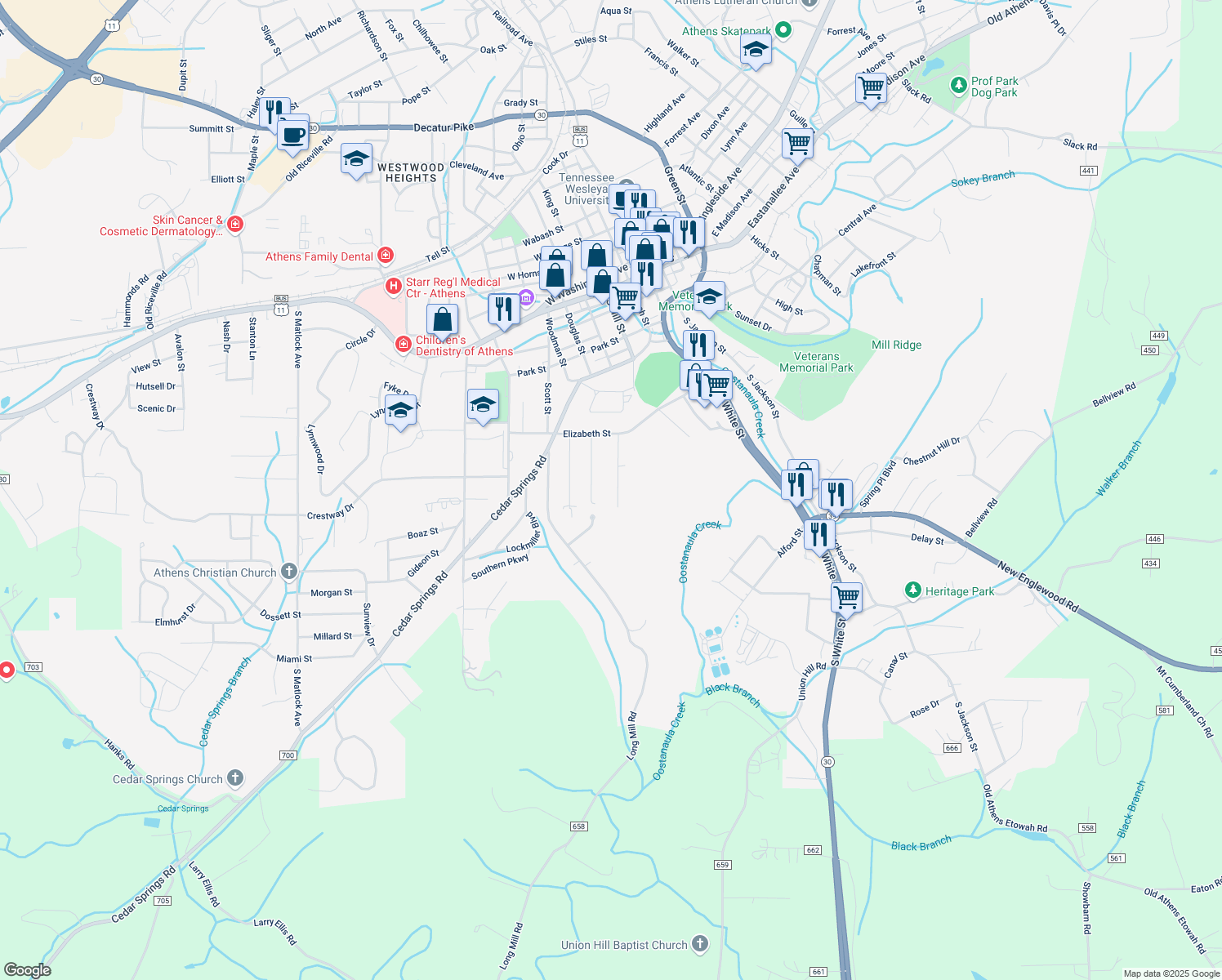map of restaurants, bars, coffee shops, grocery stores, and more near 536 Charlotte St in Athens