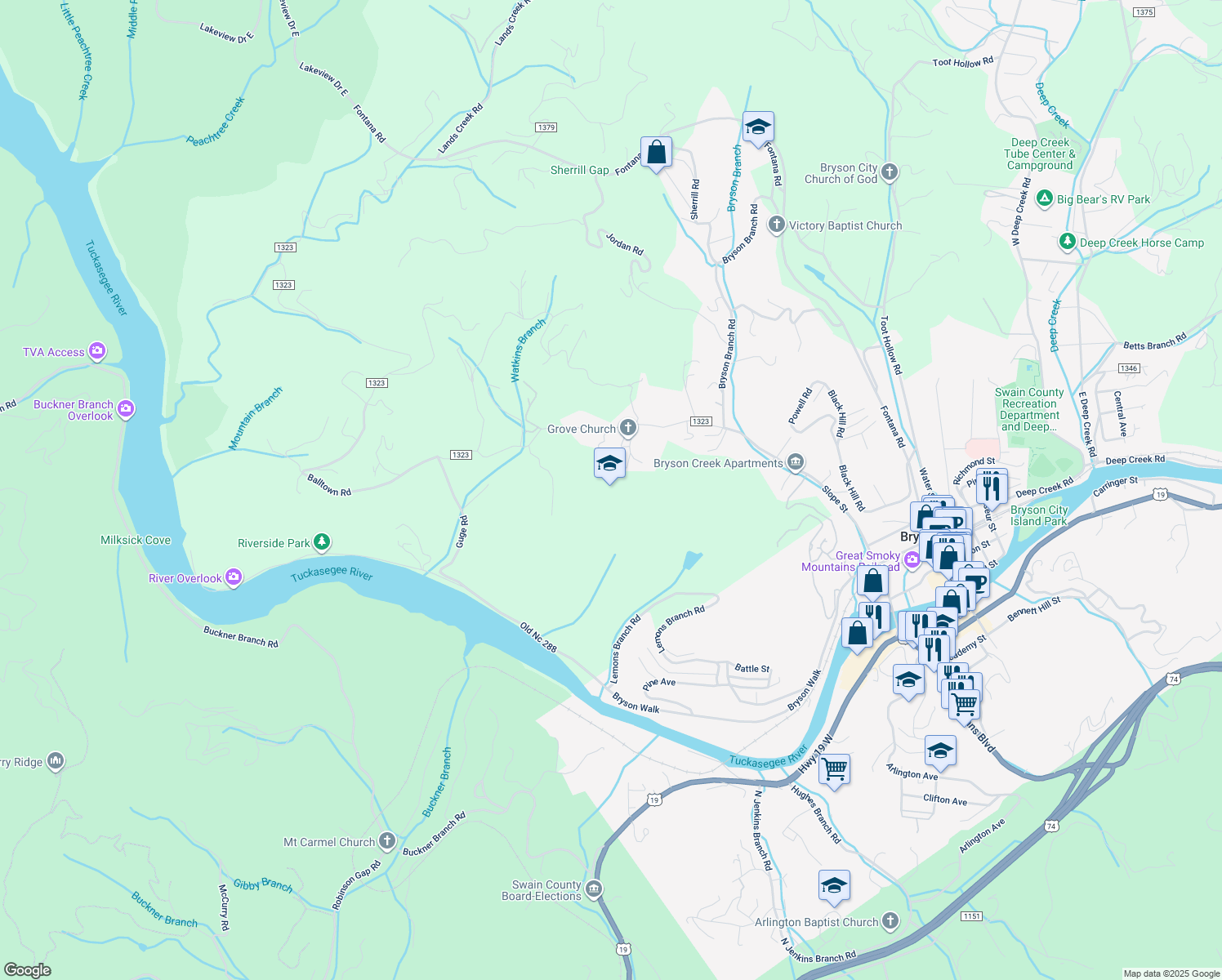 map of restaurants, bars, coffee shops, grocery stores, and more near in Swain County