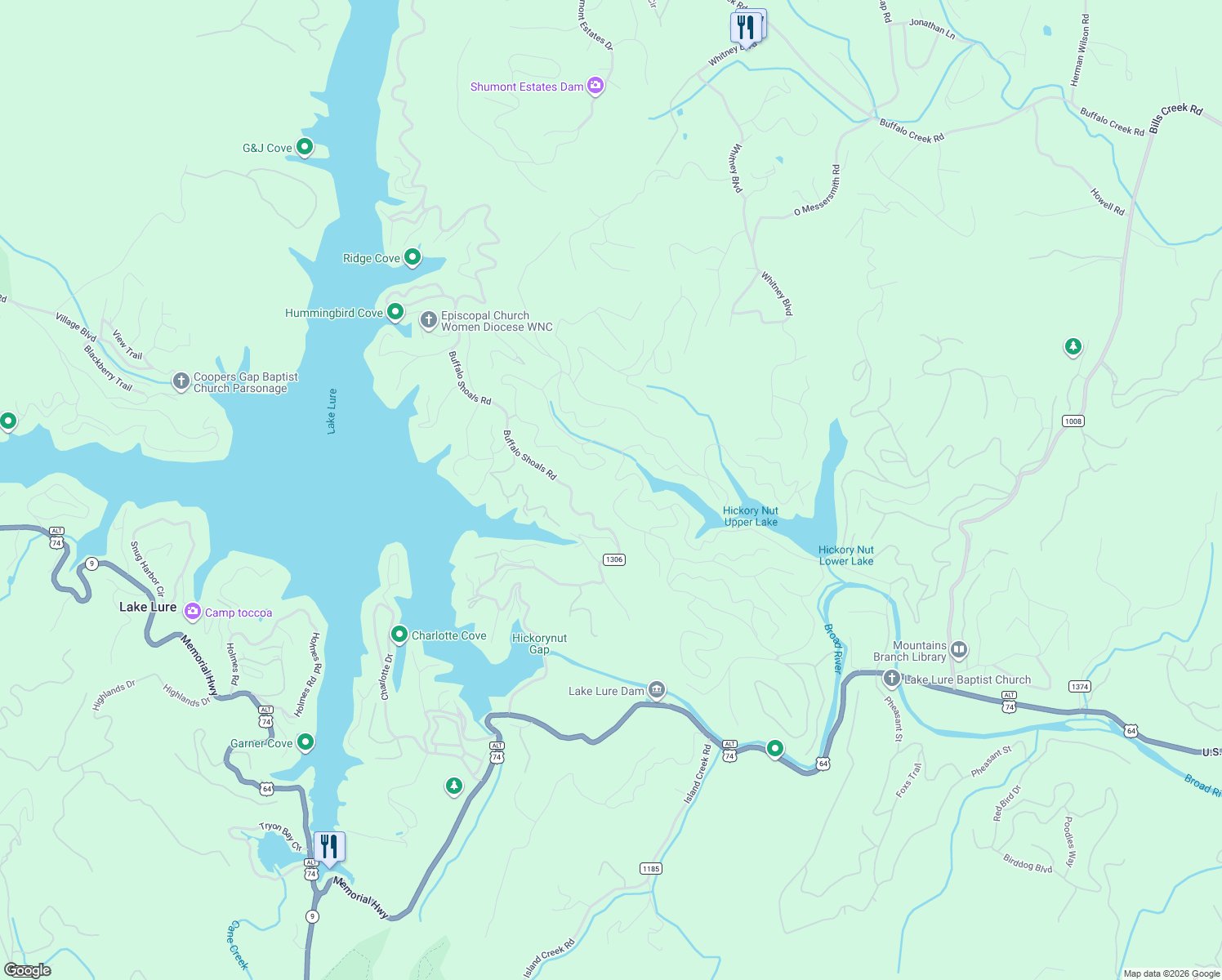 map of restaurants, bars, coffee shops, grocery stores, and more near 746 Raven Boulevard in Lake Lure