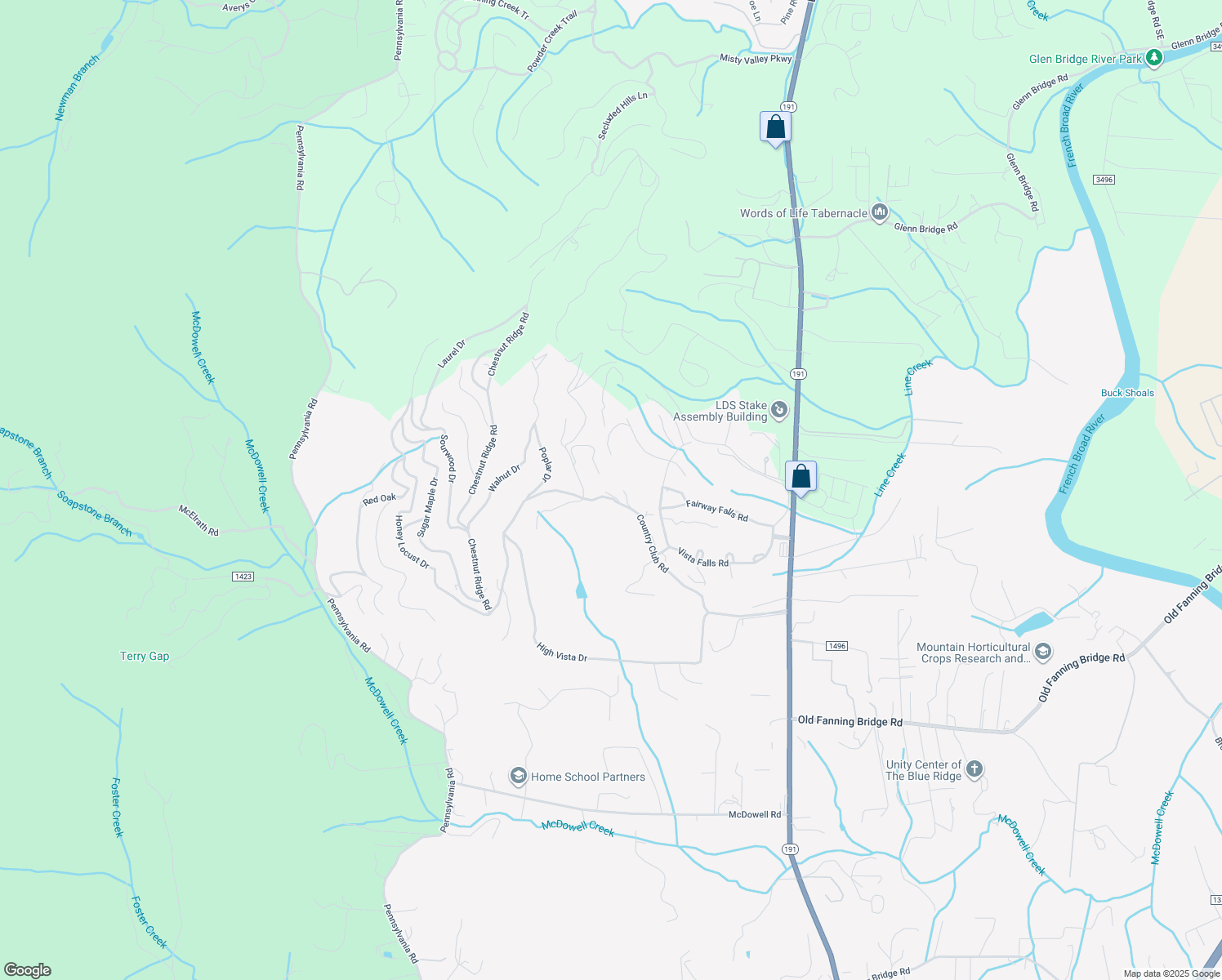 map of restaurants, bars, coffee shops, grocery stores, and more near 30 Bent Grass Court in Mills River