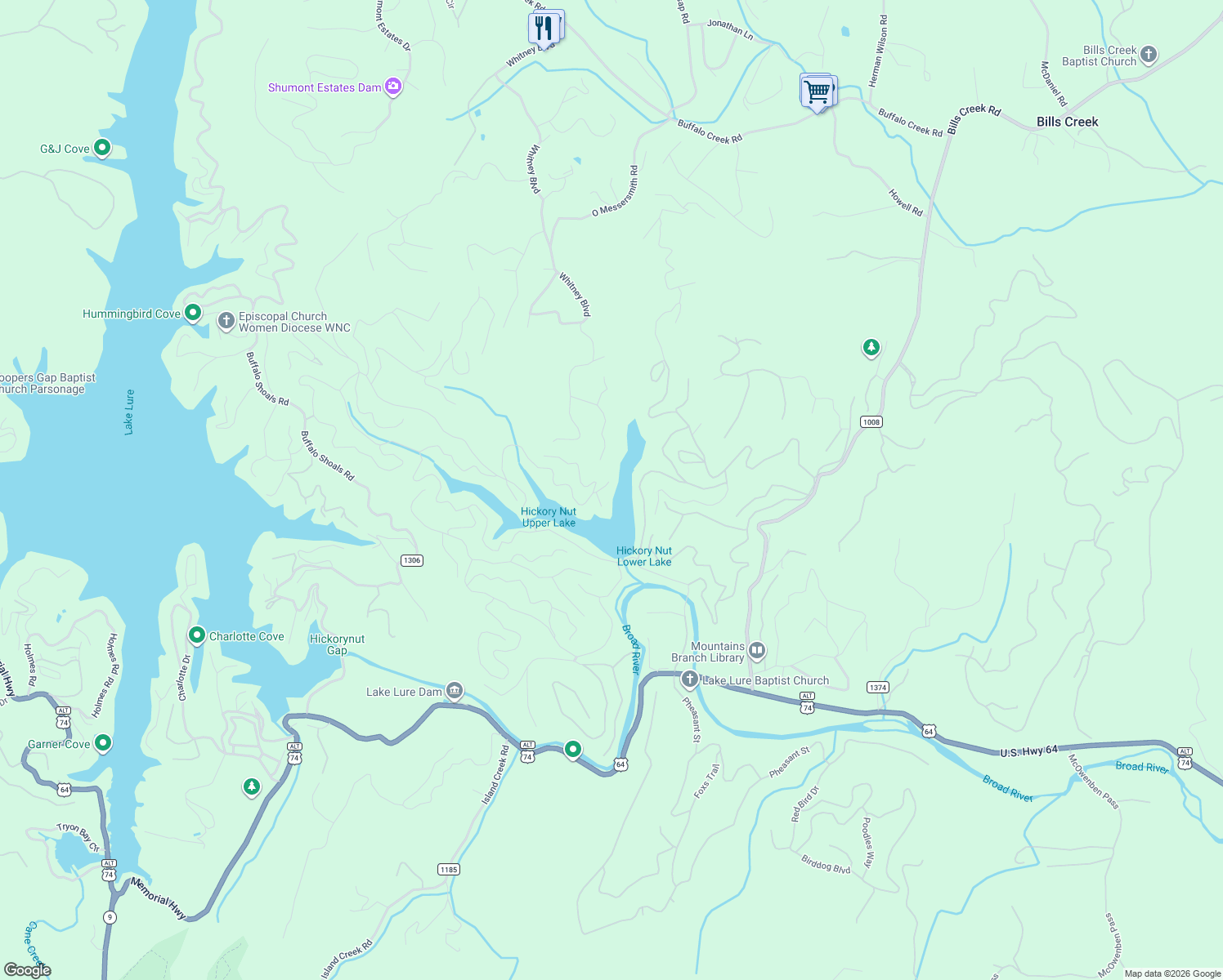 map of restaurants, bars, coffee shops, grocery stores, and more near 116 Teal Lane in Lake Lure