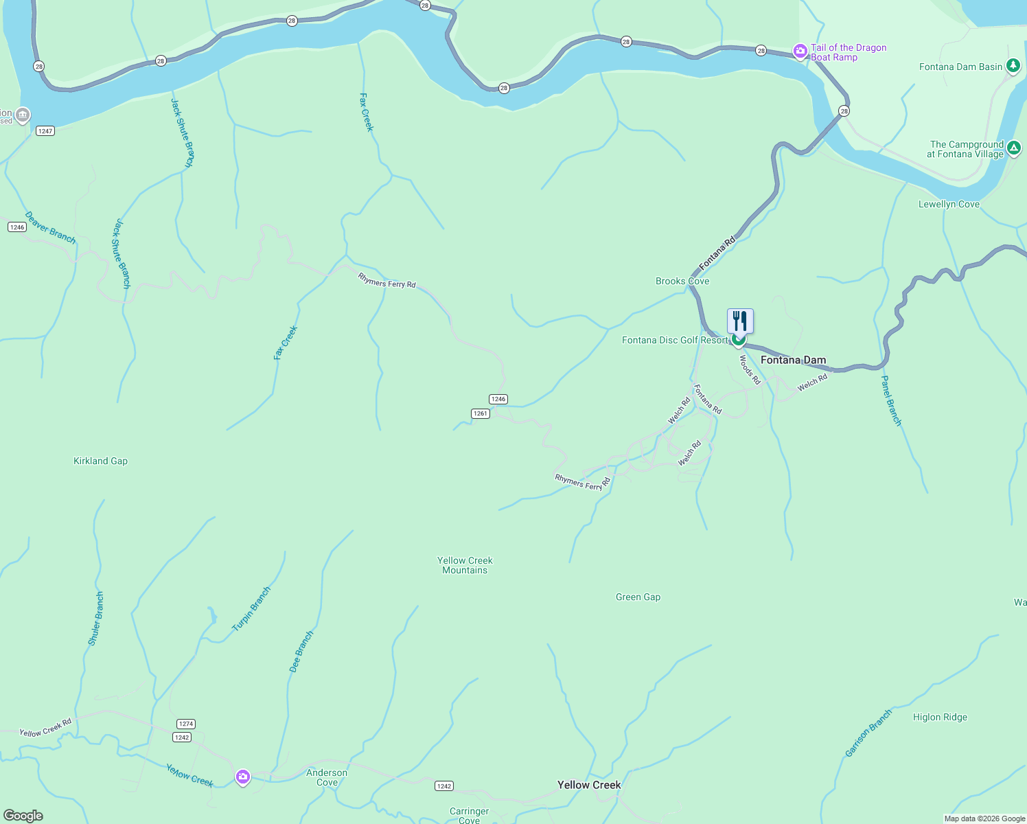 map of restaurants, bars, coffee shops, grocery stores, and more near 648 Fontana Heights Road in Fontana Dam