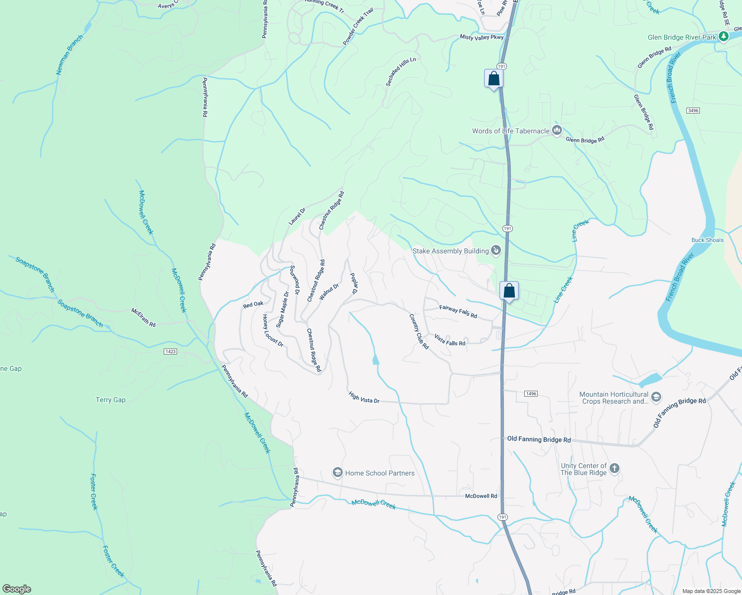 map of restaurants, bars, coffee shops, grocery stores, and more near 1080 High Vista Drive in Mills River