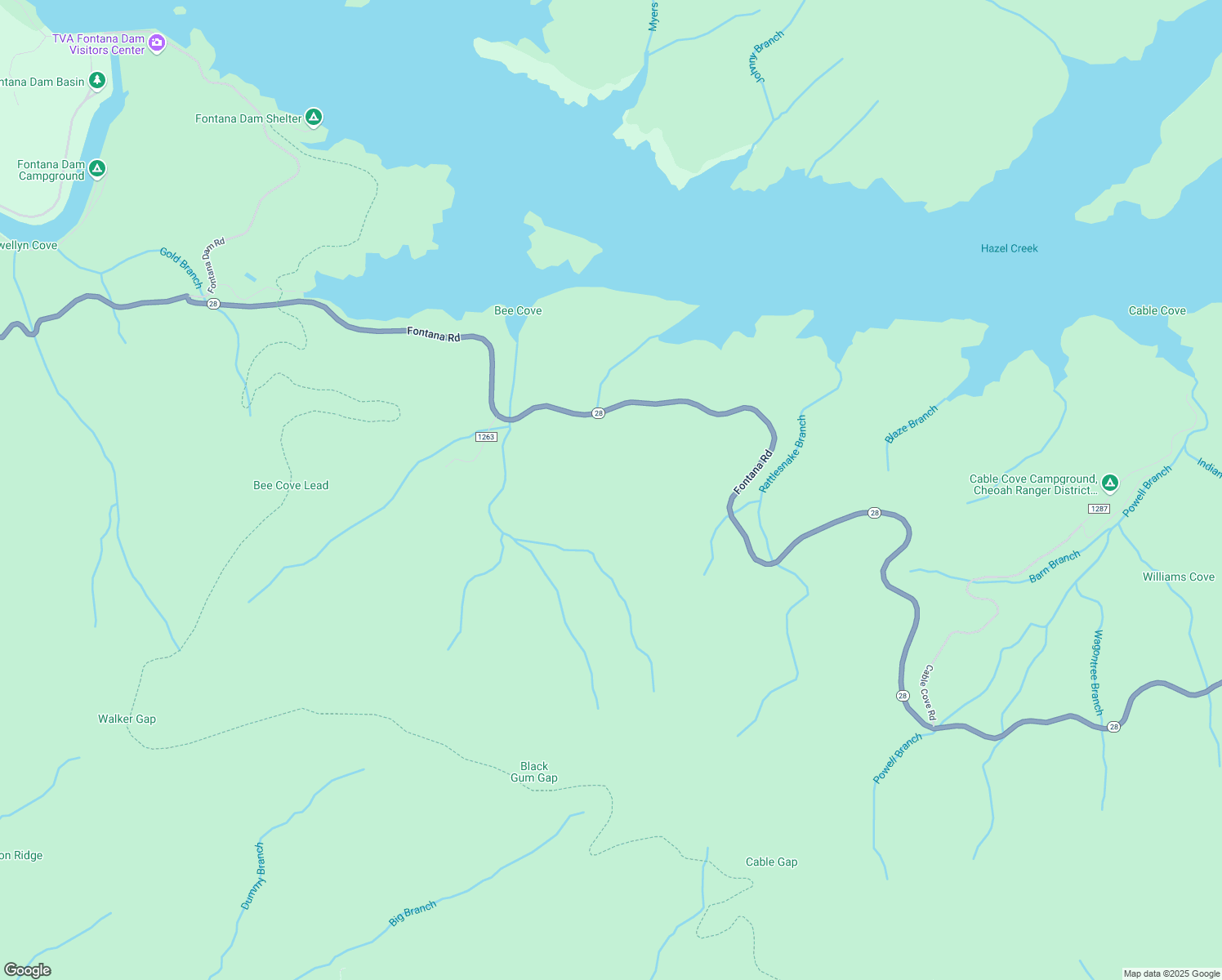 map of restaurants, bars, coffee shops, grocery stores, and more near in Fontana Dam