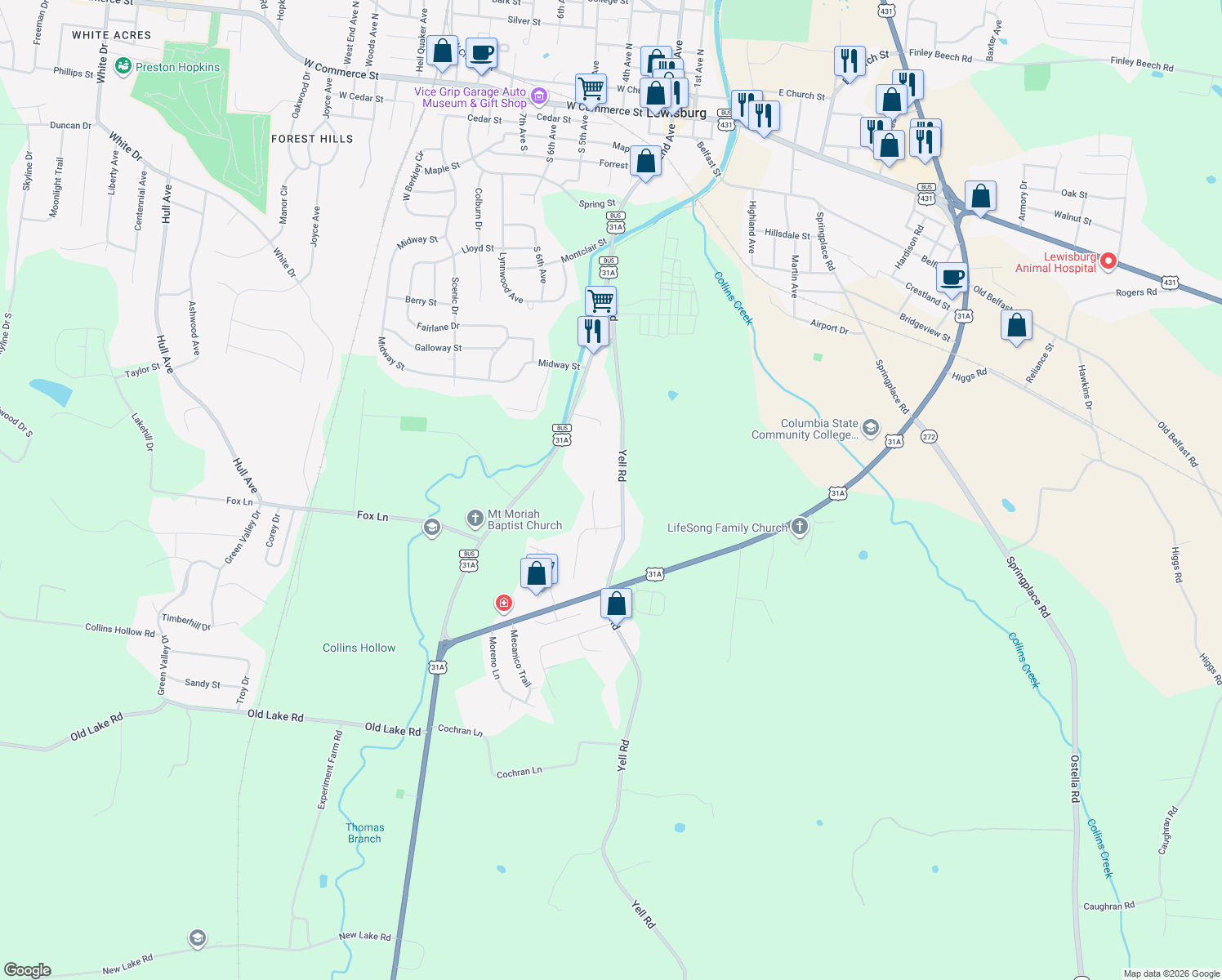 map of restaurants, bars, coffee shops, grocery stores, and more near 908 Yell Road in Lewisburg