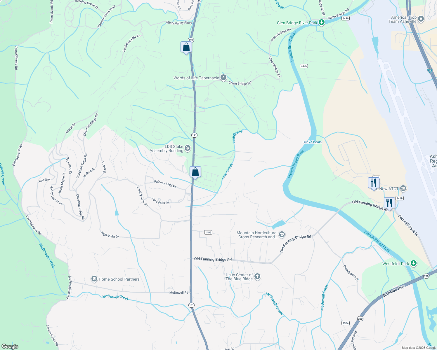 map of restaurants, bars, coffee shops, grocery stores, and more near 60 Old Rosewood Avenue in Arden