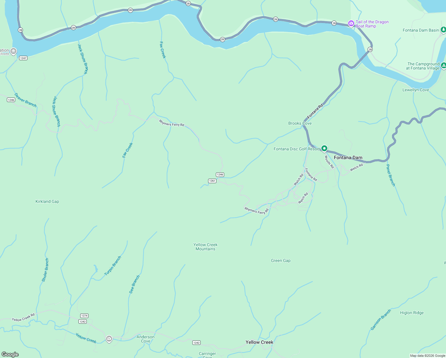 map of restaurants, bars, coffee shops, grocery stores, and more near 648 Fontana Heights Road in Fontana Dam