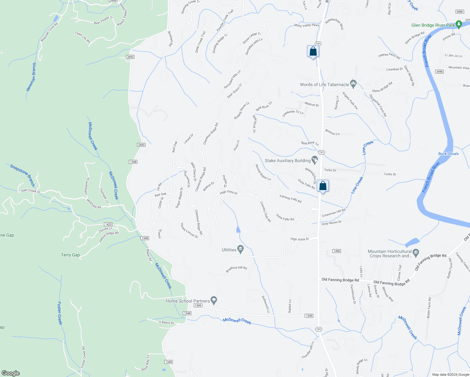 map of restaurants, bars, coffee shops, grocery stores, and more near 1080 High Vista Drive in Mills River