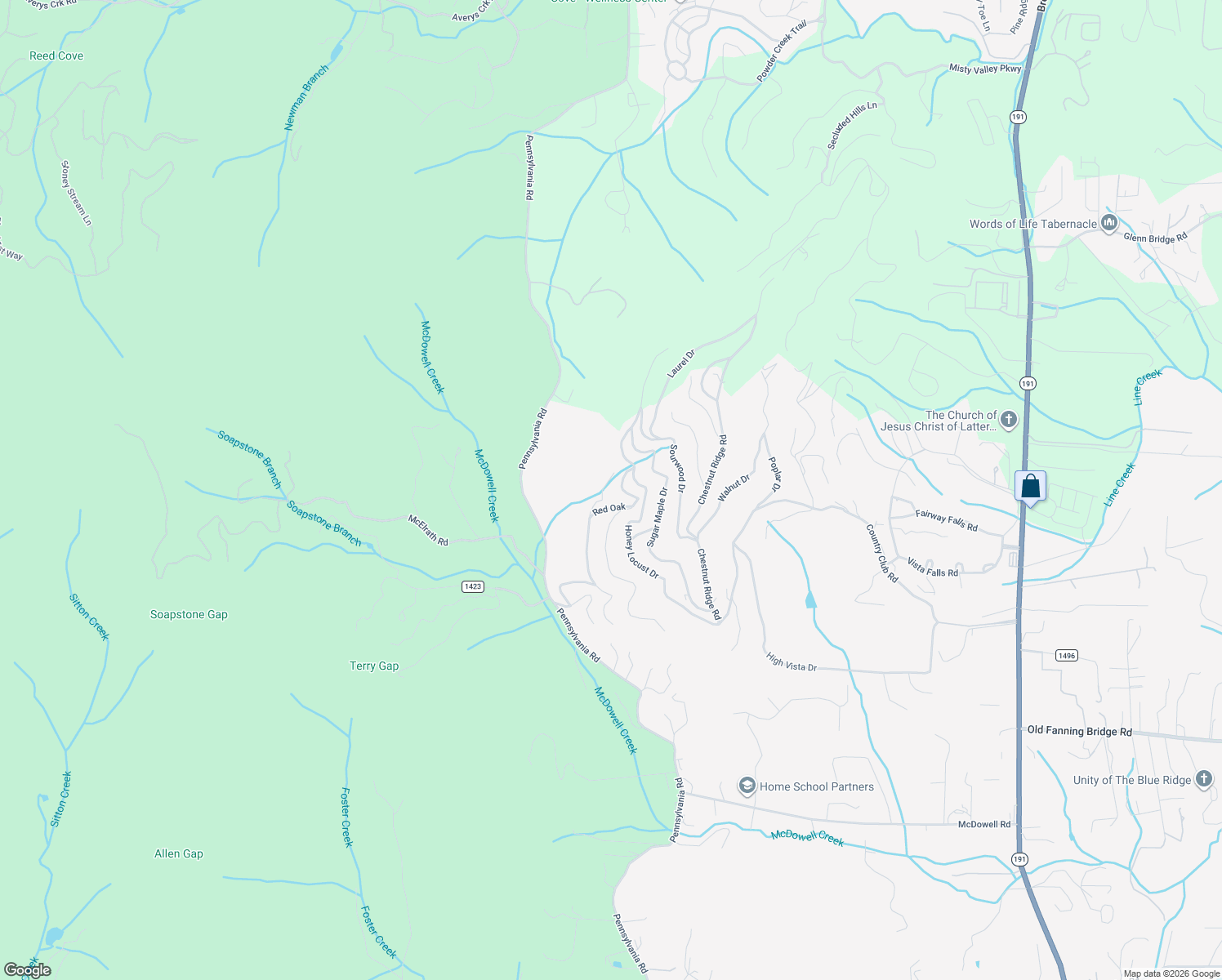 map of restaurants, bars, coffee shops, grocery stores, and more near 101 Ivy Road in Mills River