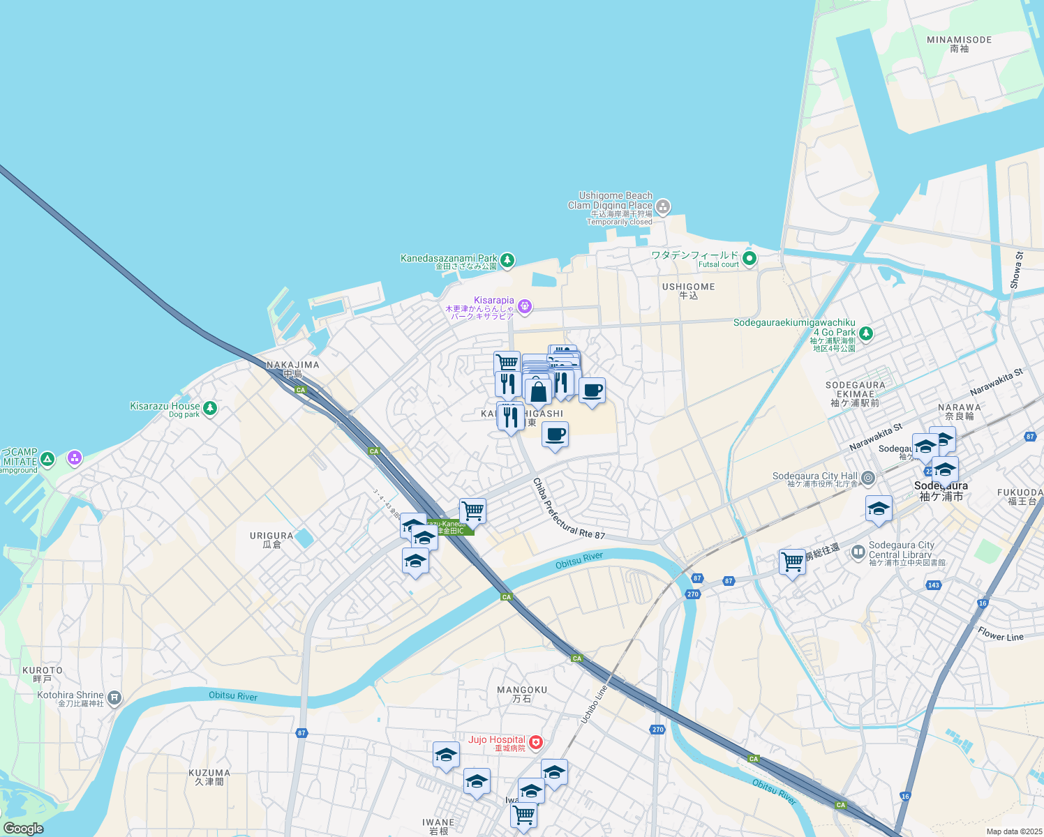 map of restaurants, bars, coffee shops, grocery stores, and more near in Kisarazu