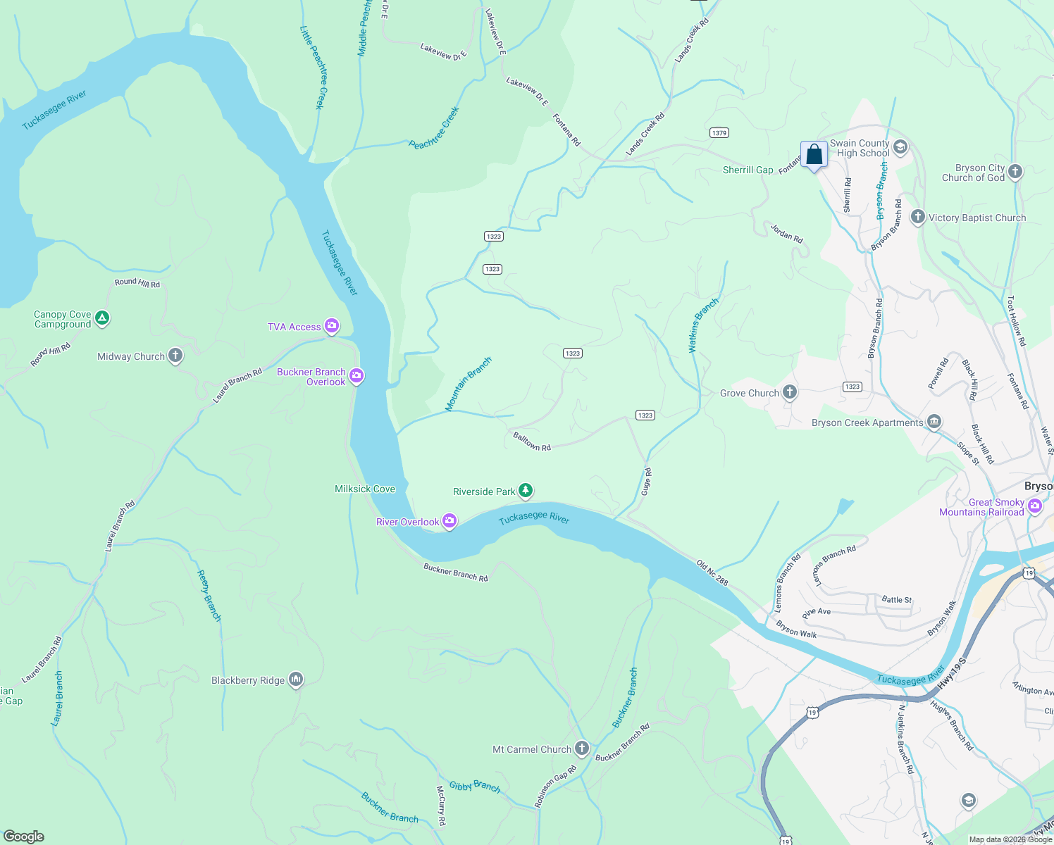 map of restaurants, bars, coffee shops, grocery stores, and more near 2281 Balltown Road in Bryson City