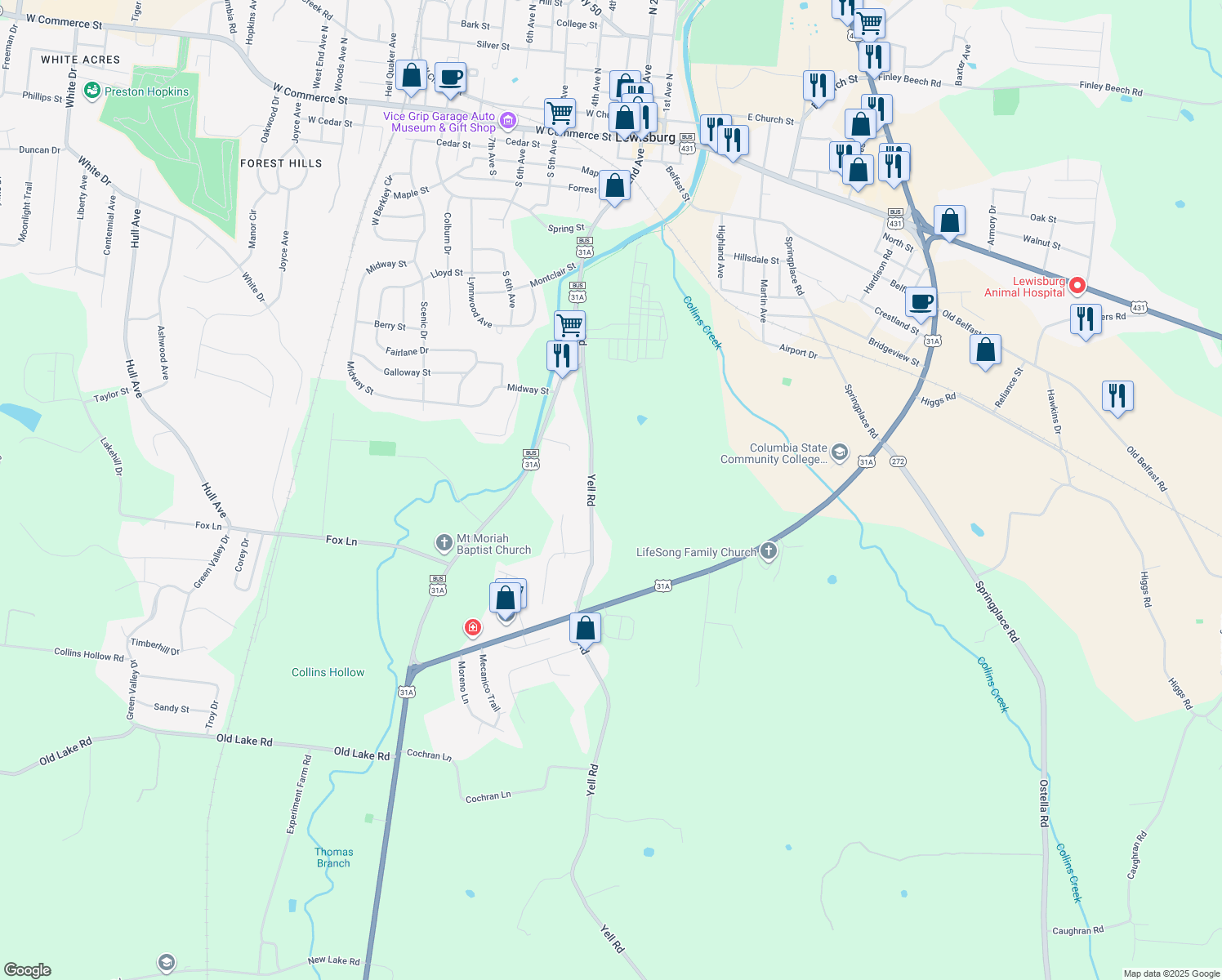 map of restaurants, bars, coffee shops, grocery stores, and more near 875 Yell Road in Lewisburg