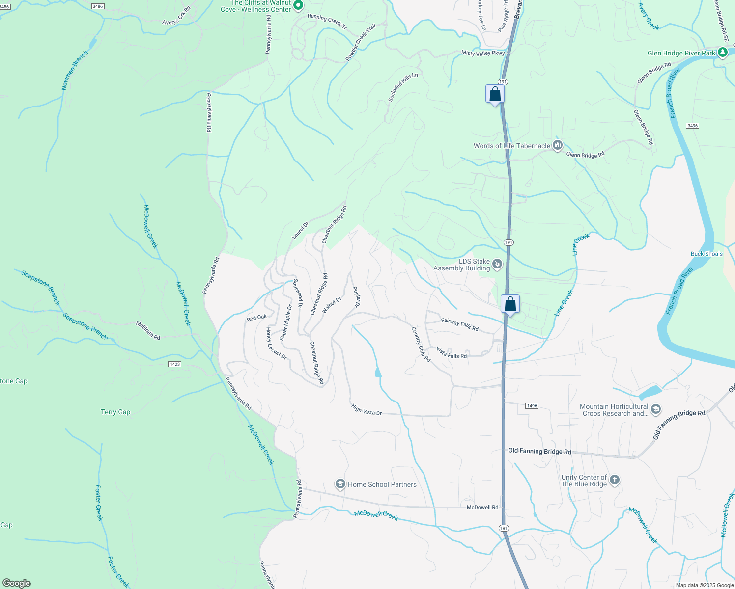 map of restaurants, bars, coffee shops, grocery stores, and more near 1092 High Vista Drive in Mills River