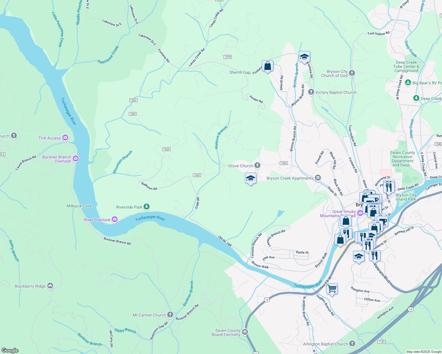 map of restaurants, bars, coffee shops, grocery stores, and more near 30 Watkins Cemetery Road in Bryson City