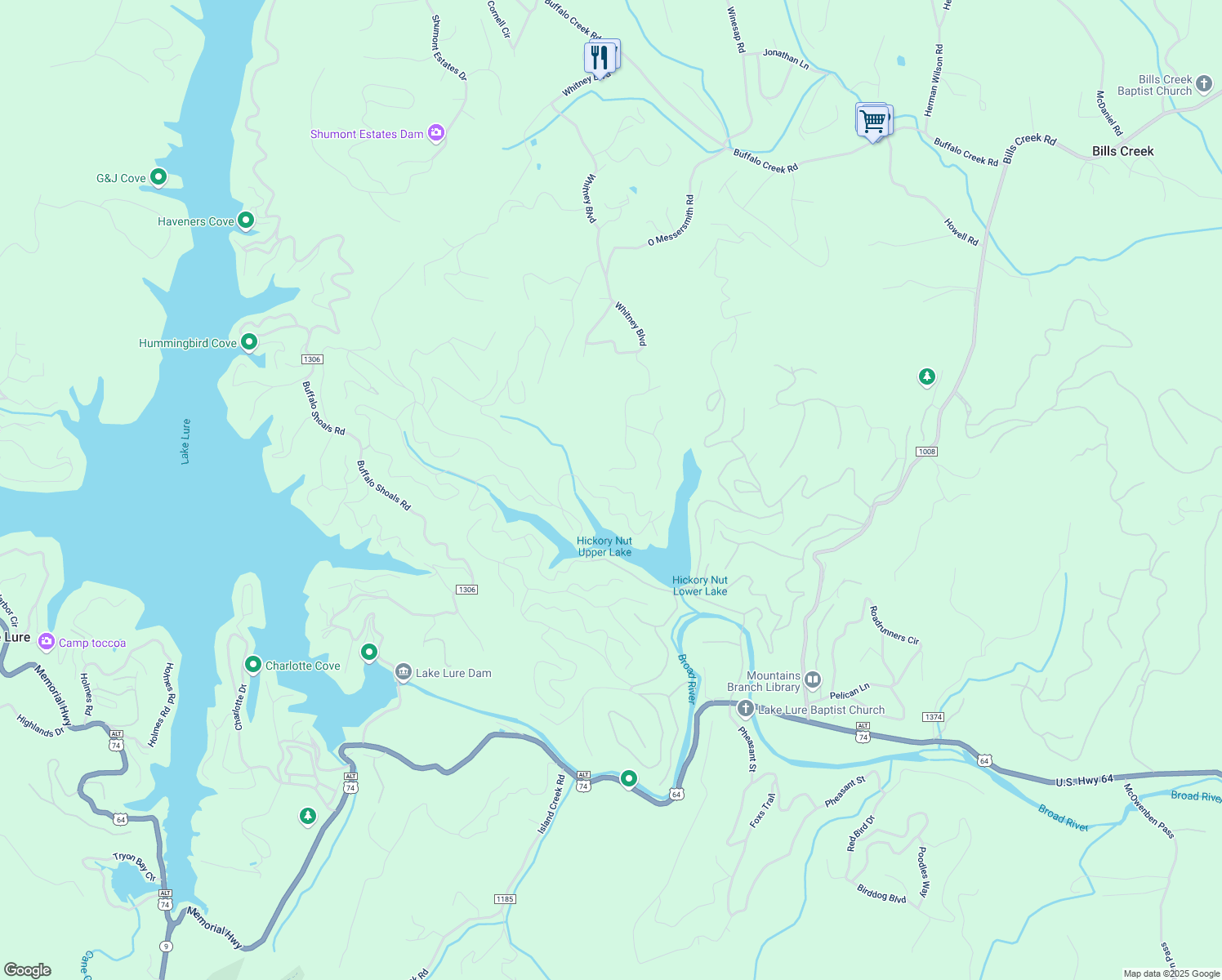 map of restaurants, bars, coffee shops, grocery stores, and more near 215 Hummingbird Way in Lake Lure
