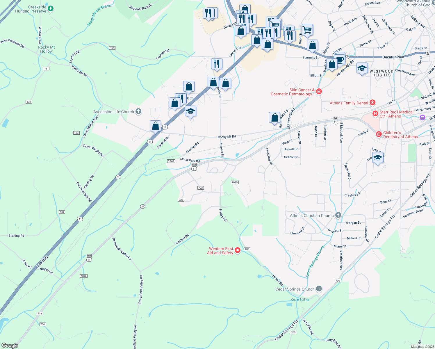map of restaurants, bars, coffee shops, grocery stores, and more near 101 Shawnee Trail in Athens