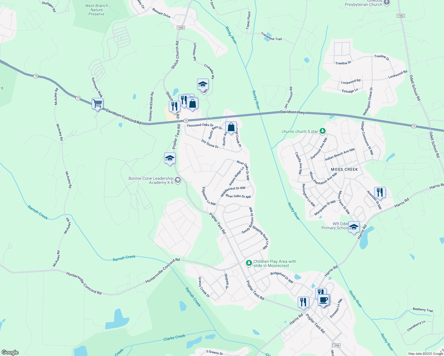 map of restaurants, bars, coffee shops, grocery stores, and more near 1416 Overlea Place Northwest in Concord