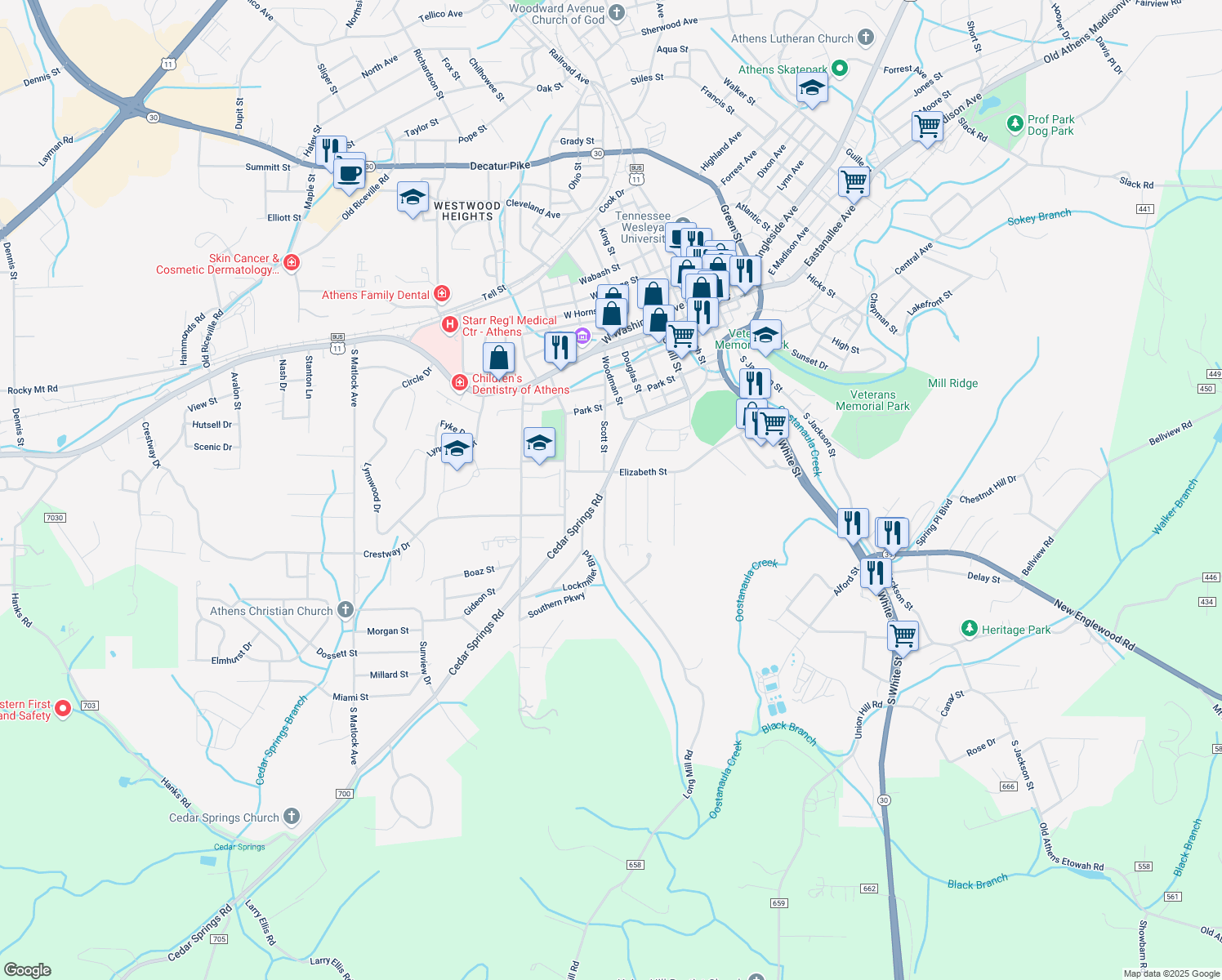 map of restaurants, bars, coffee shops, grocery stores, and more near 501 Long Mill Rd in Athens