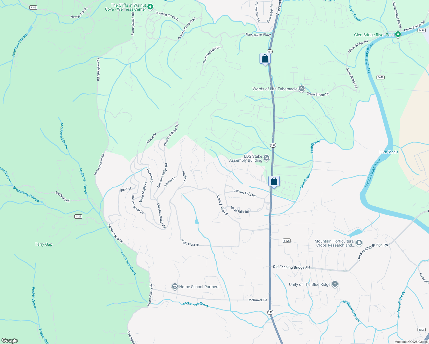map of restaurants, bars, coffee shops, grocery stores, and more near 10 Round Robin Lane in Mills River
