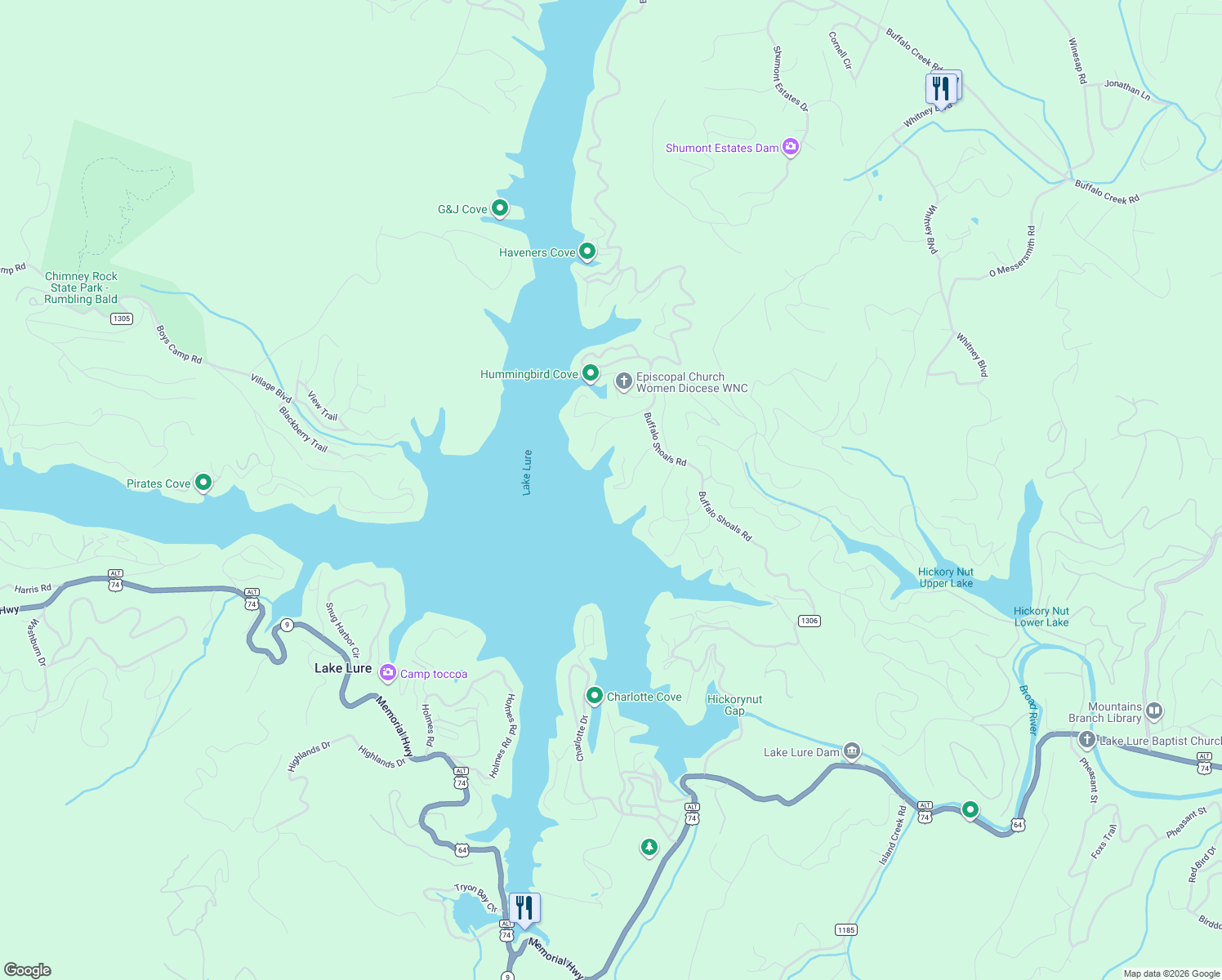 map of restaurants, bars, coffee shops, grocery stores, and more near 211 Deerwood Drive in Lake Lure