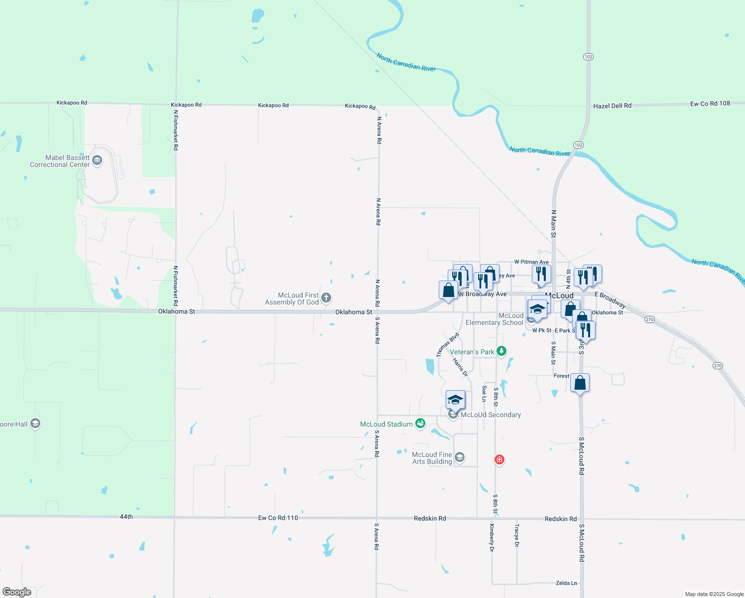 map of restaurants, bars, coffee shops, grocery stores, and more near 181 North Arena Road in McLoud